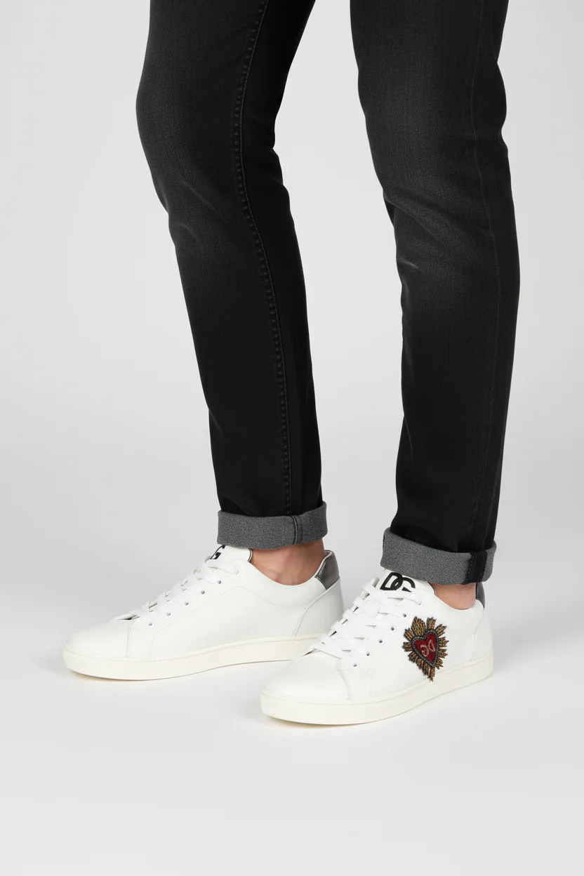 Dolce & Gabbana White Leather Heart Embellished Sneakers - Image 2