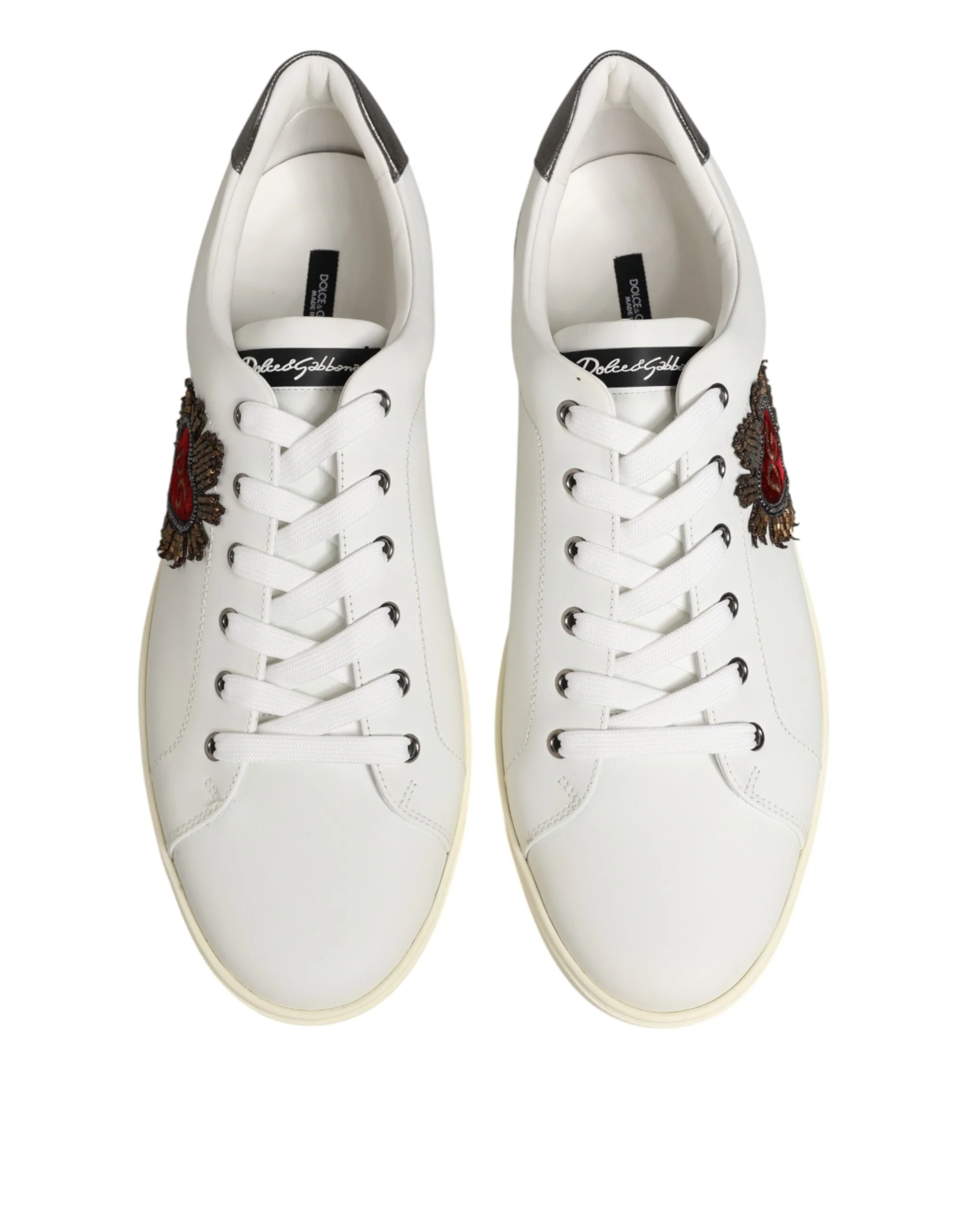 Dolce & Gabbana White Leather Heart Embellished Sneakers - Image 4