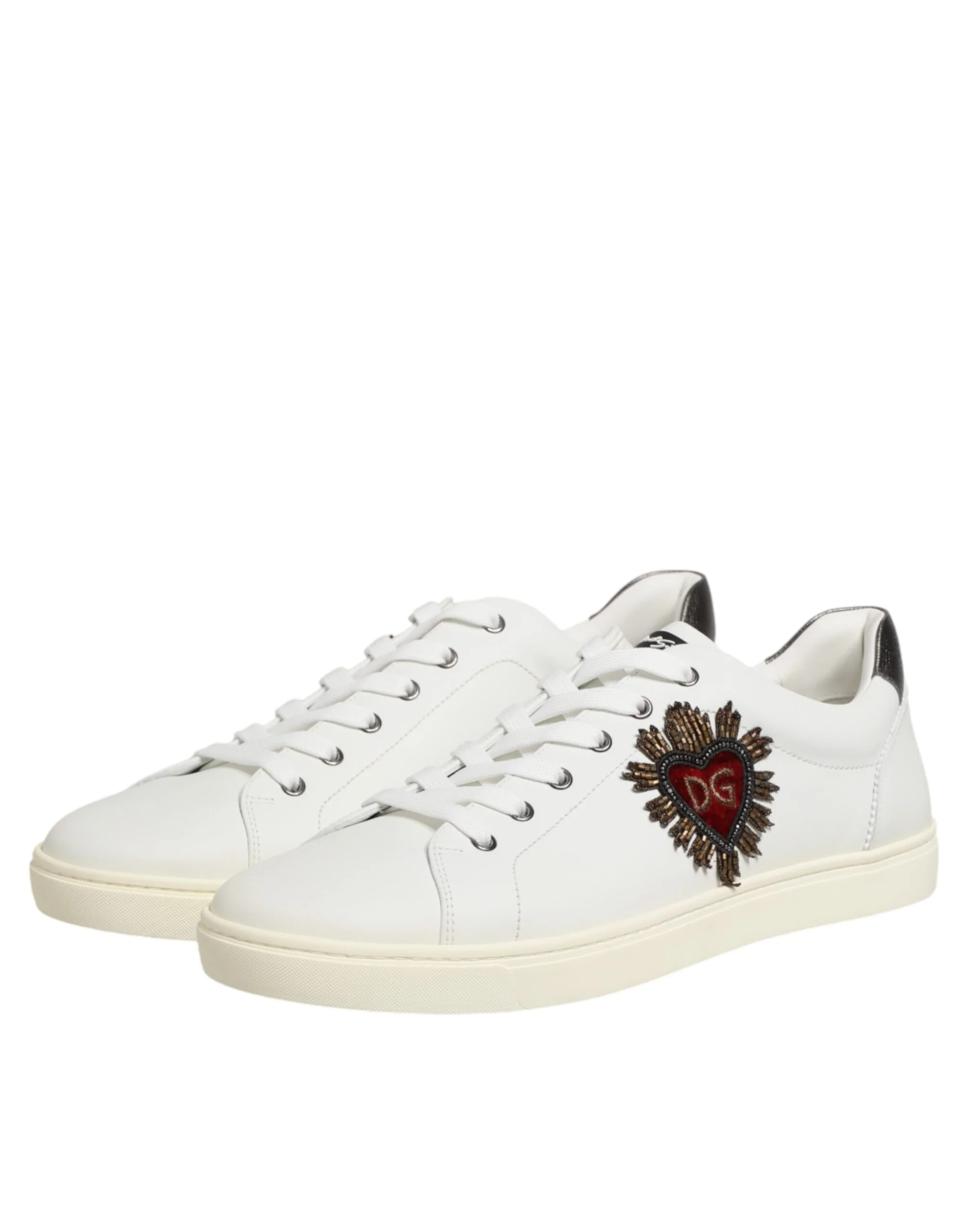 Dolce & Gabbana White Leather Heart Embellished Sneakers - Image 5