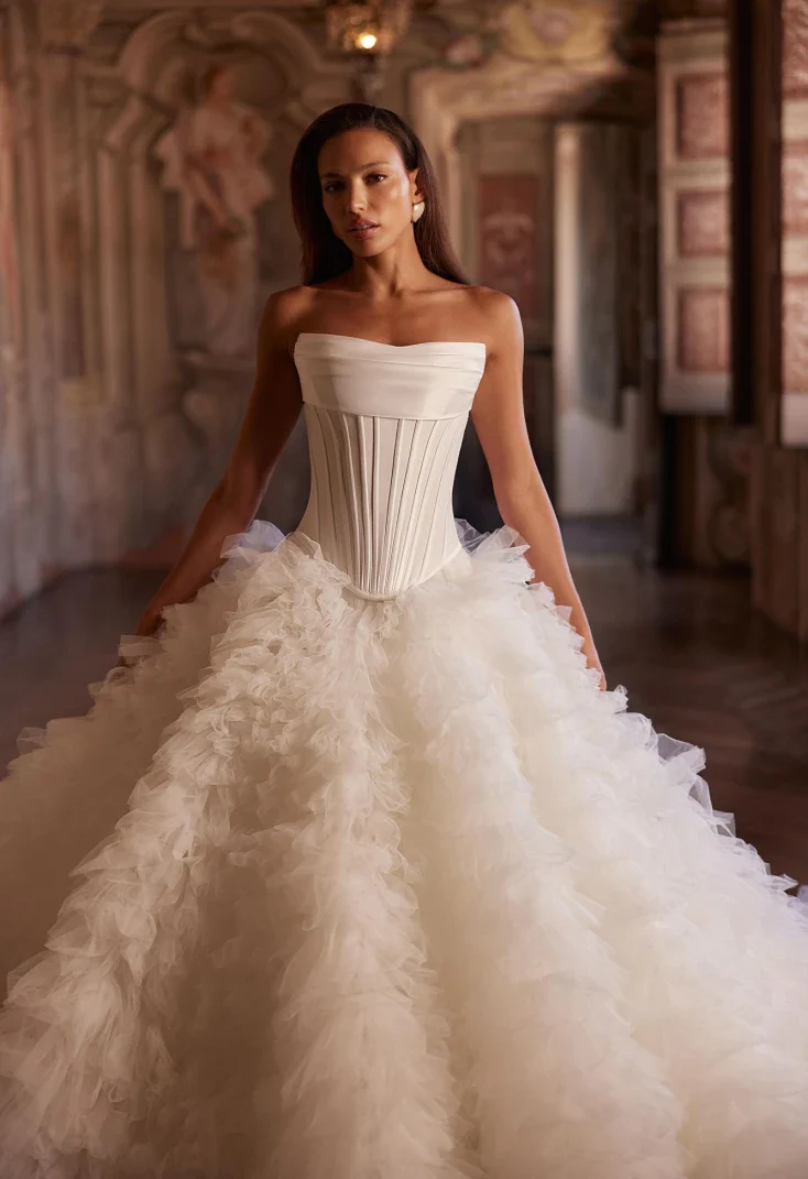 Elizara Strapless Corset Ball Gown Wedding Dress with Textured Tulle Skirt - Image 4