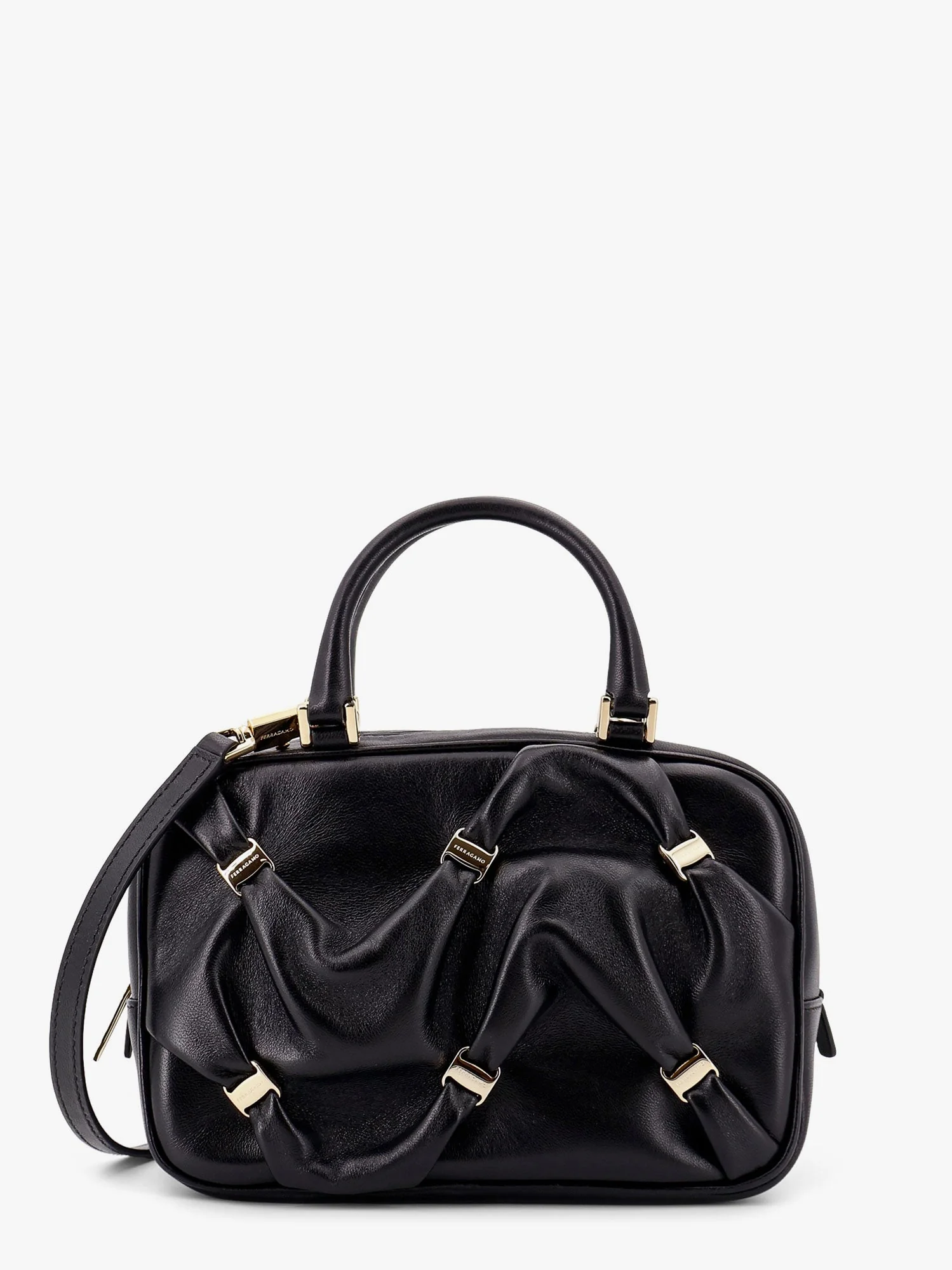Ferragamo Leather Handbag With Draped Details Secured By Mini Vara Bows