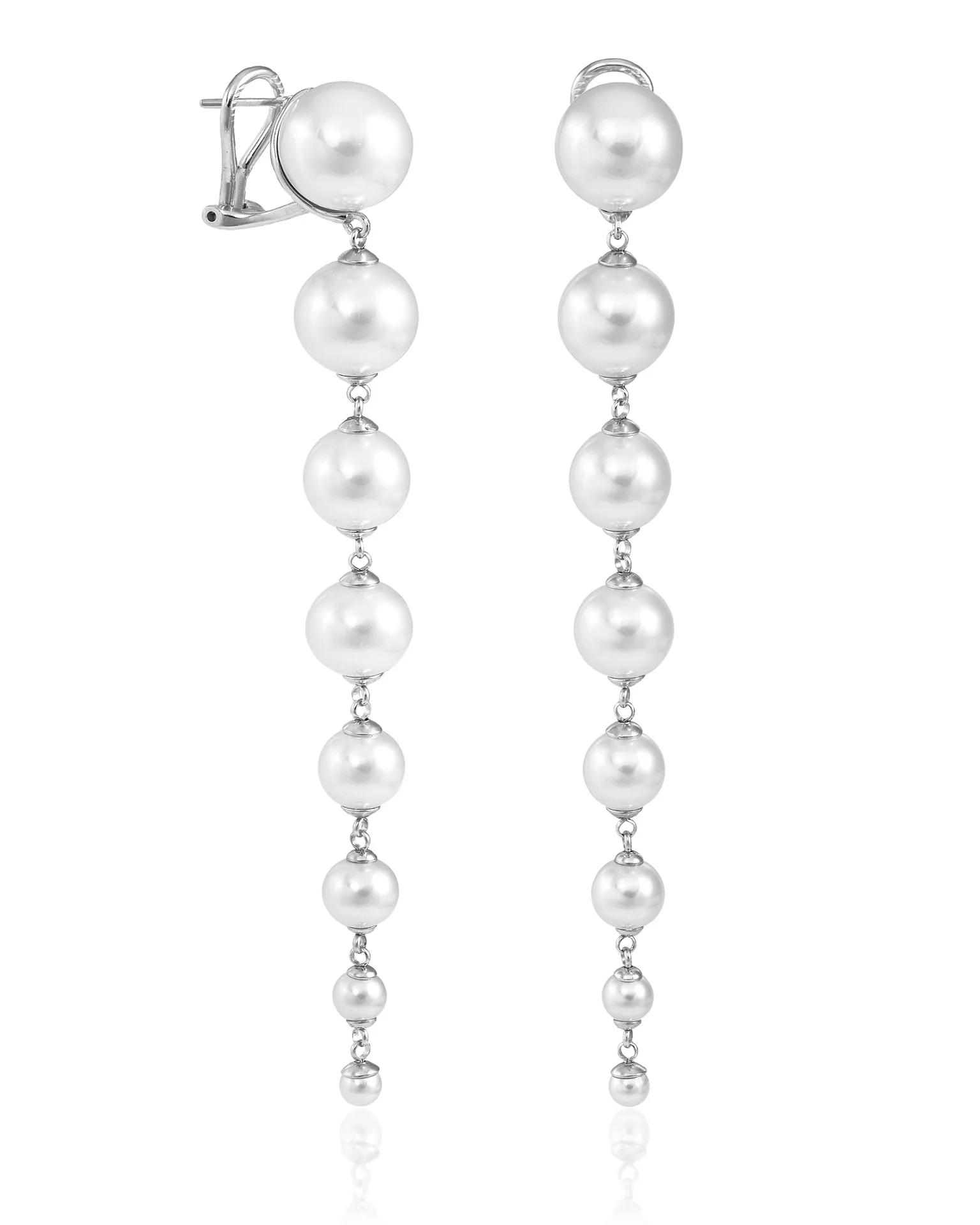 Graduated Pearl Drop Earrings â Rhodium-Plated Silver (Two Lengths)