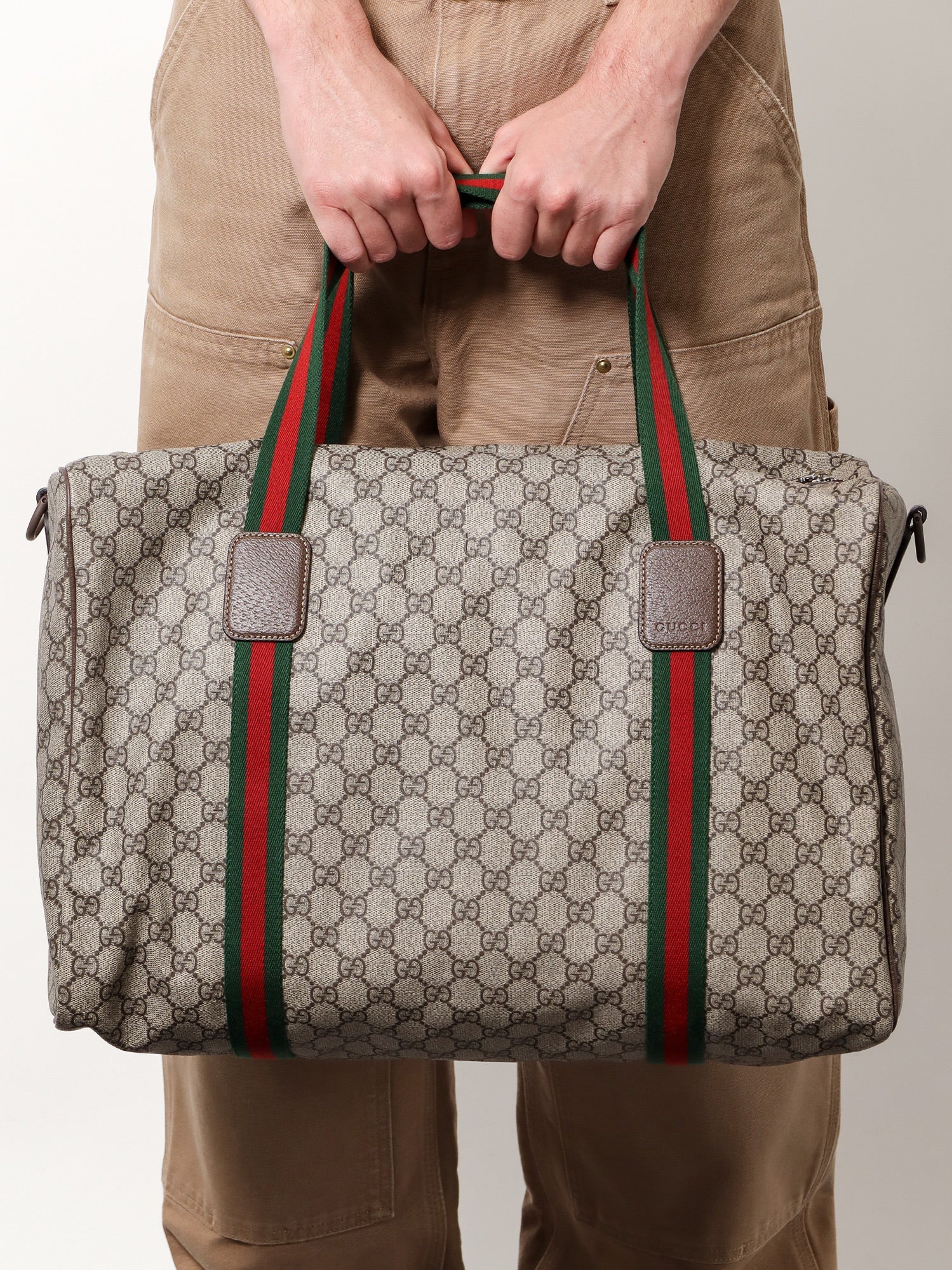 Gucci Gg Supreme Fabric And Leather Travel Bag With Web Detail - Image 7