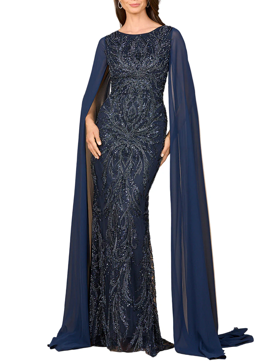Lara High Neck Gown with Chiffon Cape Sleeves