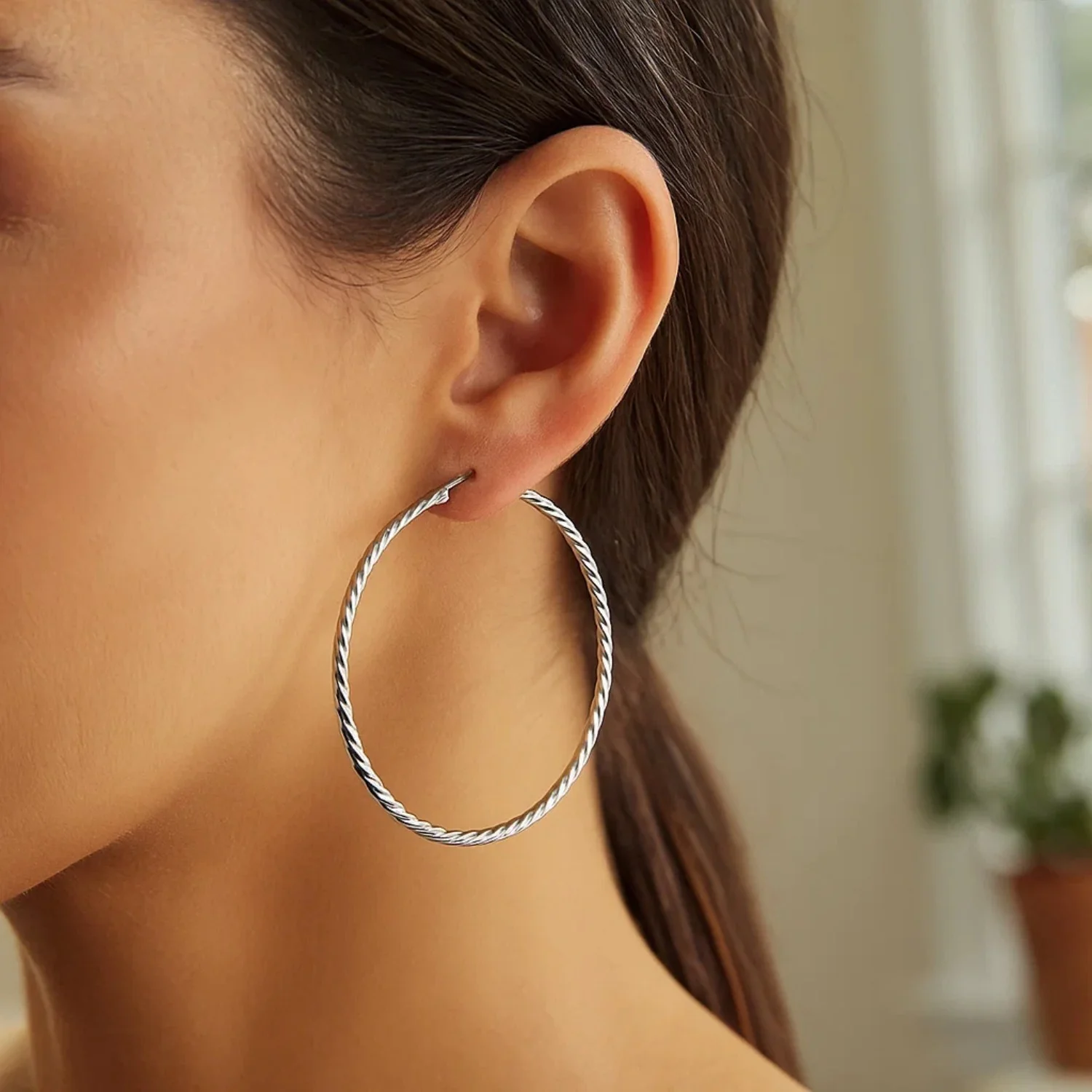 Hoop Earrings with Twist Texture in Sterling Silver(50mm) - Image 3