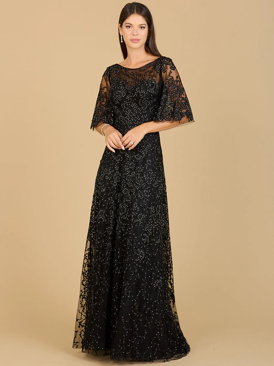 Lara Embroidered Lace A-Line Gown with Sheer Cape Sleeves - Image 5