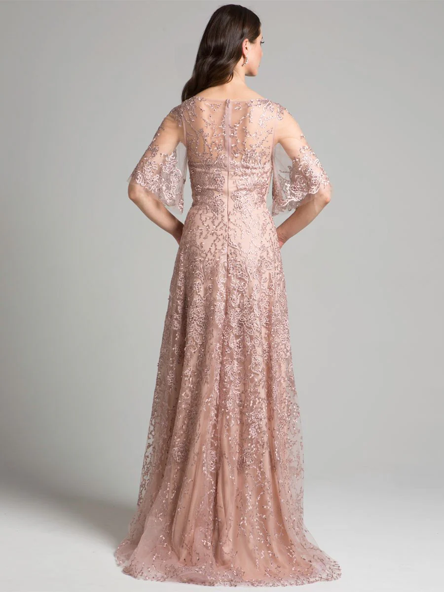 Lara Embroidered Lace A-Line Gown with Sheer Cape Sleeves - Image 7
