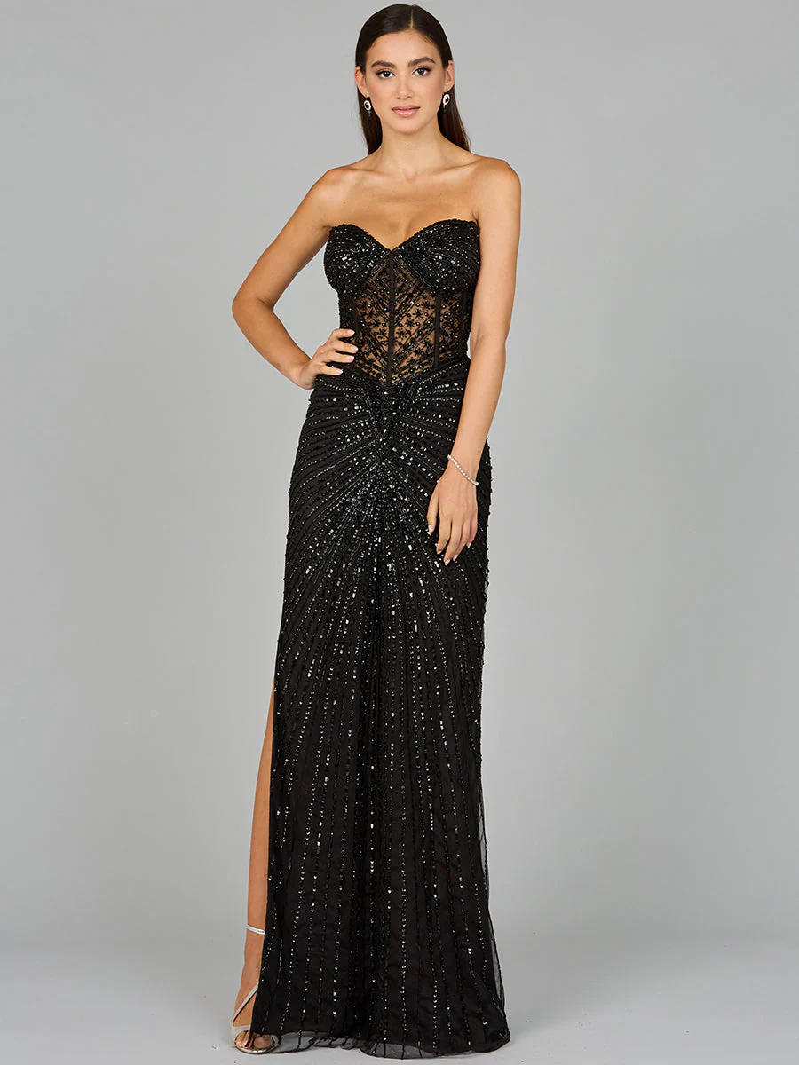 Lara Embellished Strapless Gown with Slit - Image 3