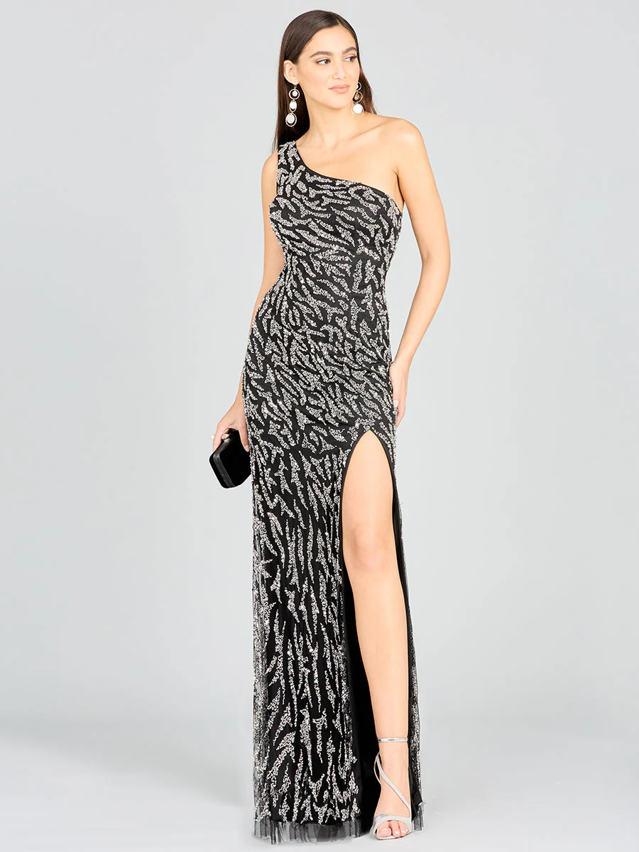 Lara One-Shoulder Beaded Gown with High Slit - Image 3