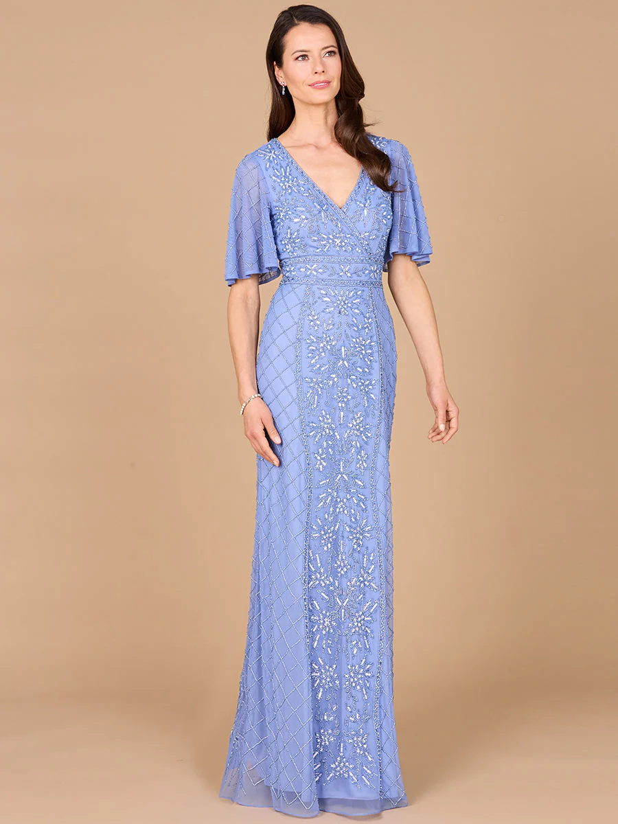 Lara V-Neck Cape Sleeve Beaded Gown - Image 2