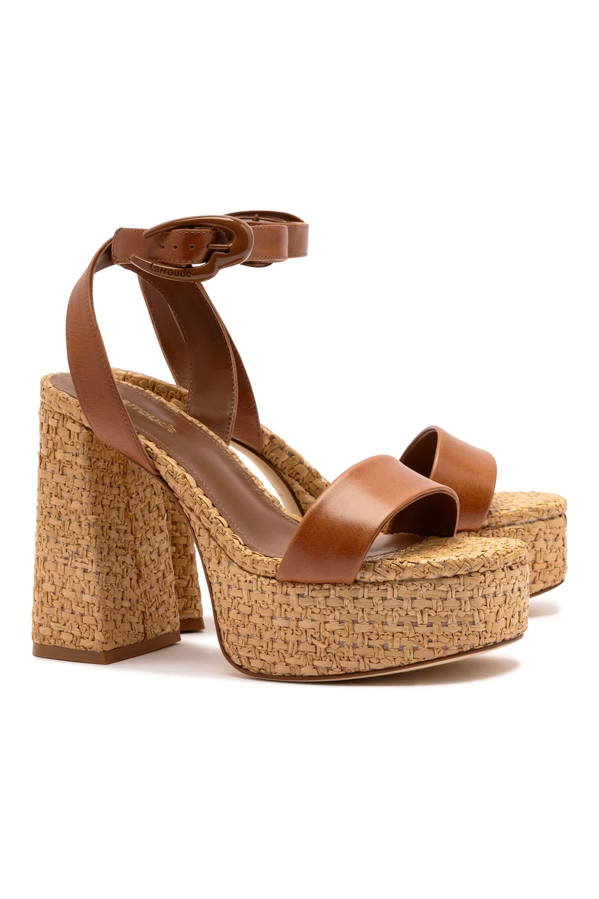 Larroude Dolly Verona Sandal In Caramel Leather and Raffia - Image 2