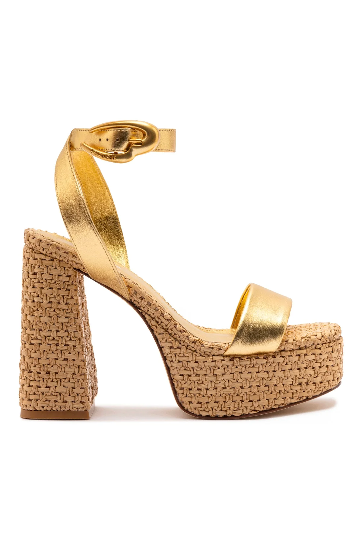 Larroude Dolly Verona Sandal In Gold Metallic Leather and Raffia