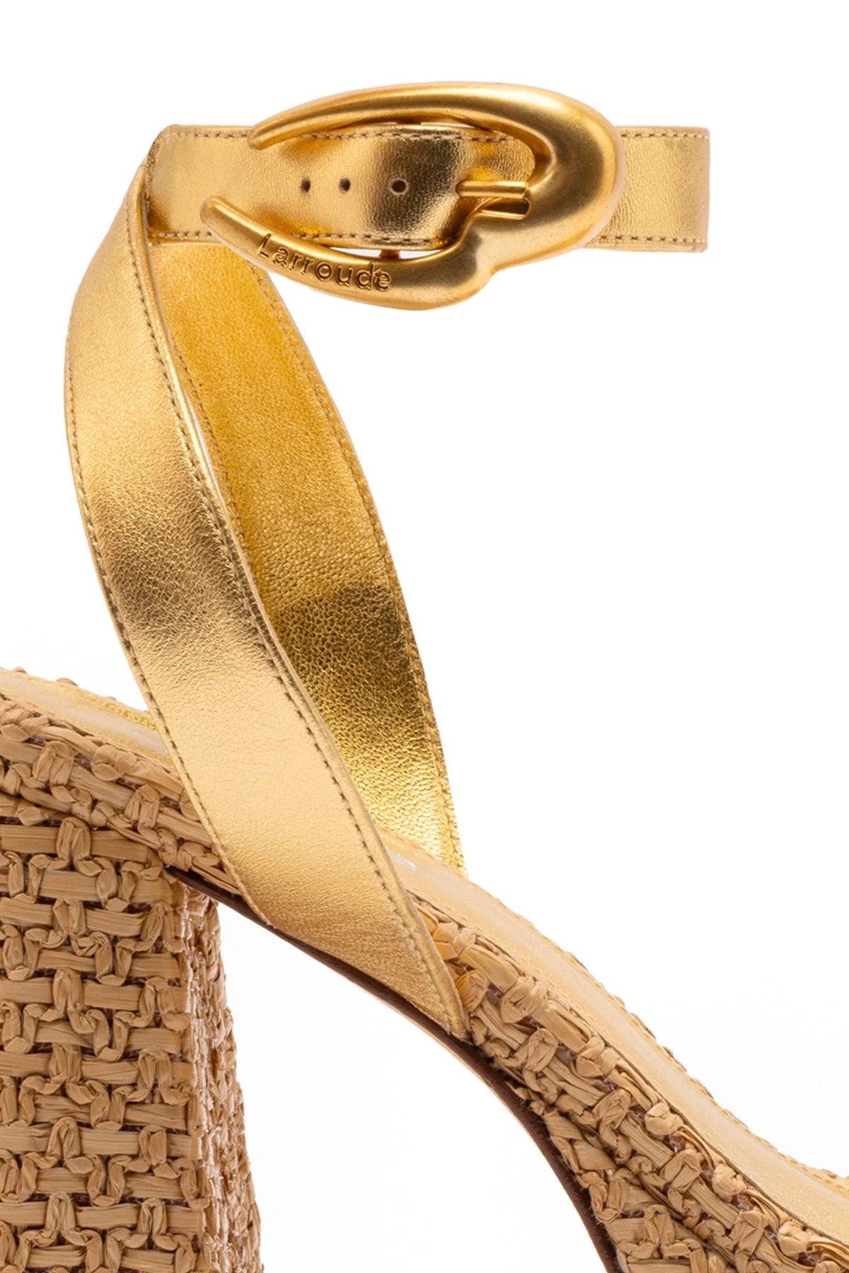Larroude Dolly Verona Sandal In Gold Metallic Leather and Raffia - Image 2