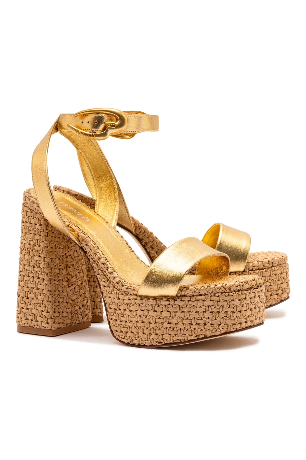 Larroude Dolly Verona Sandal In Gold Metallic Leather and Raffia - Image 3