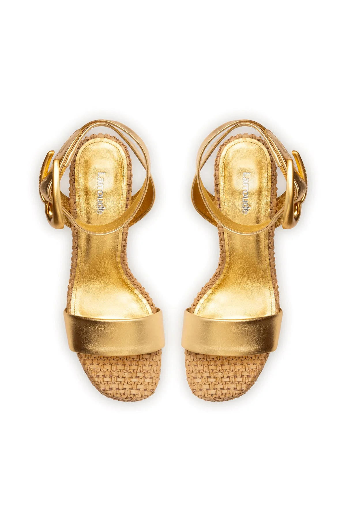 Larroude Dolly Verona Sandal In Gold Metallic Leather and Raffia - Image 4