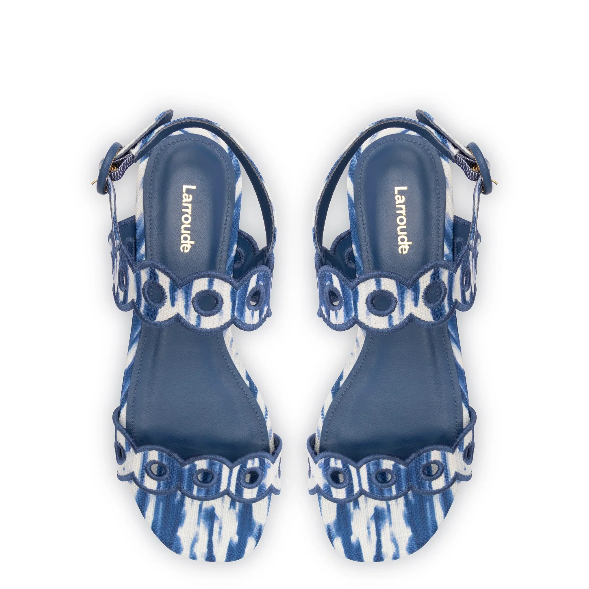 Larroude Florence Broderie Flat Sandal In Tie Dye Blue Raffia - Image 3