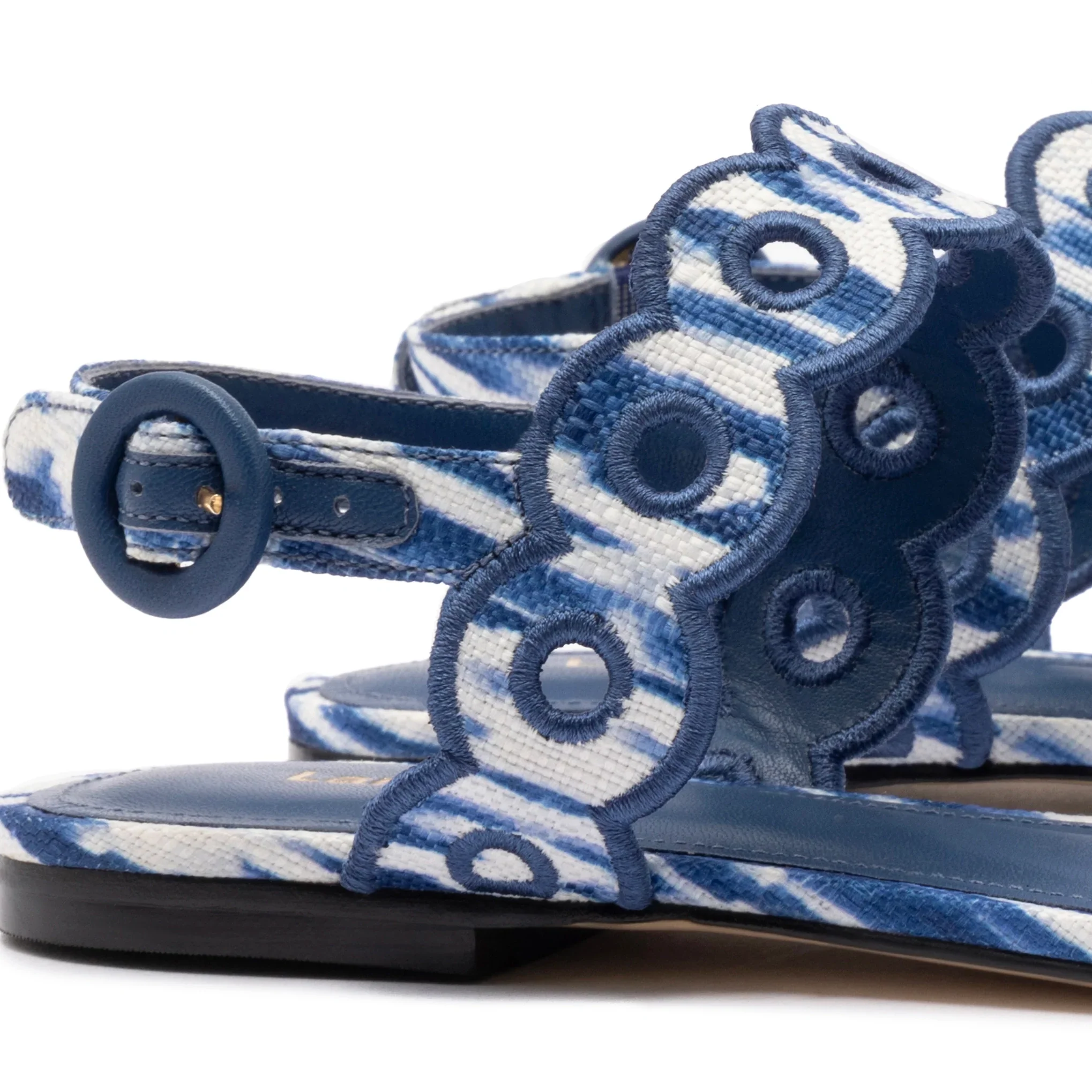 Larroude Florence Broderie Flat Sandal In Tie Dye Blue Raffia - Image 4