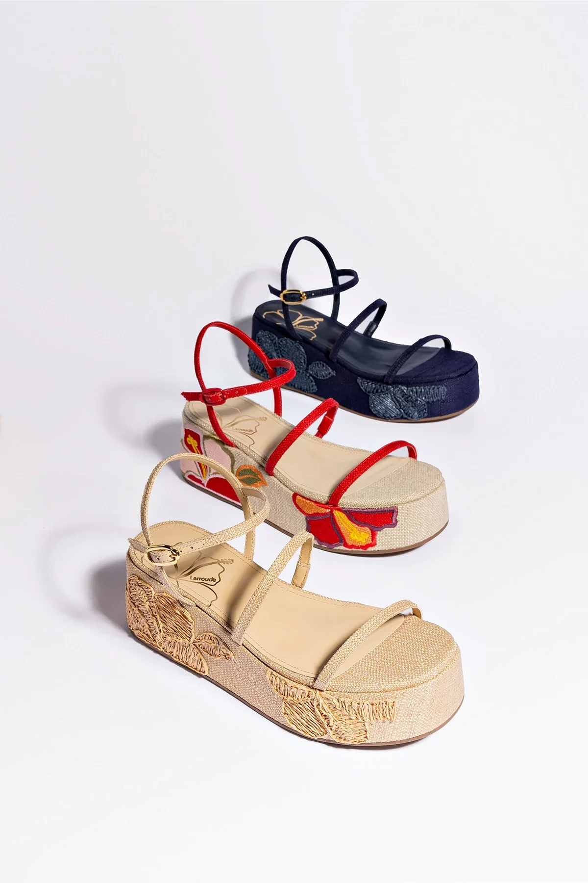 Larroude Gio Flatform In Beige Raffia and Hibiscus Embroidery - Image 5