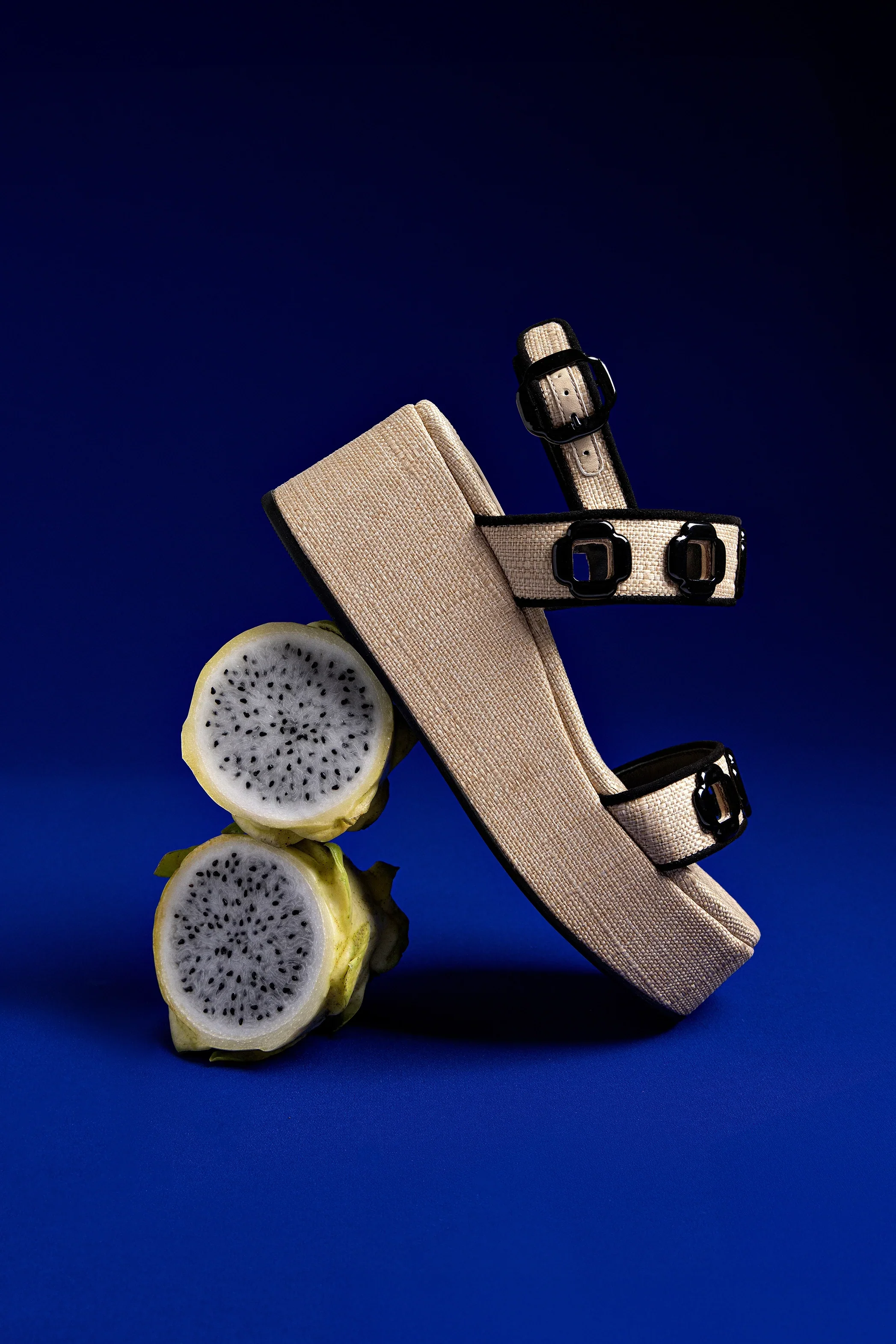 Larroude Milan Flatform In Beige Raffia and Black Trimming - Image 5