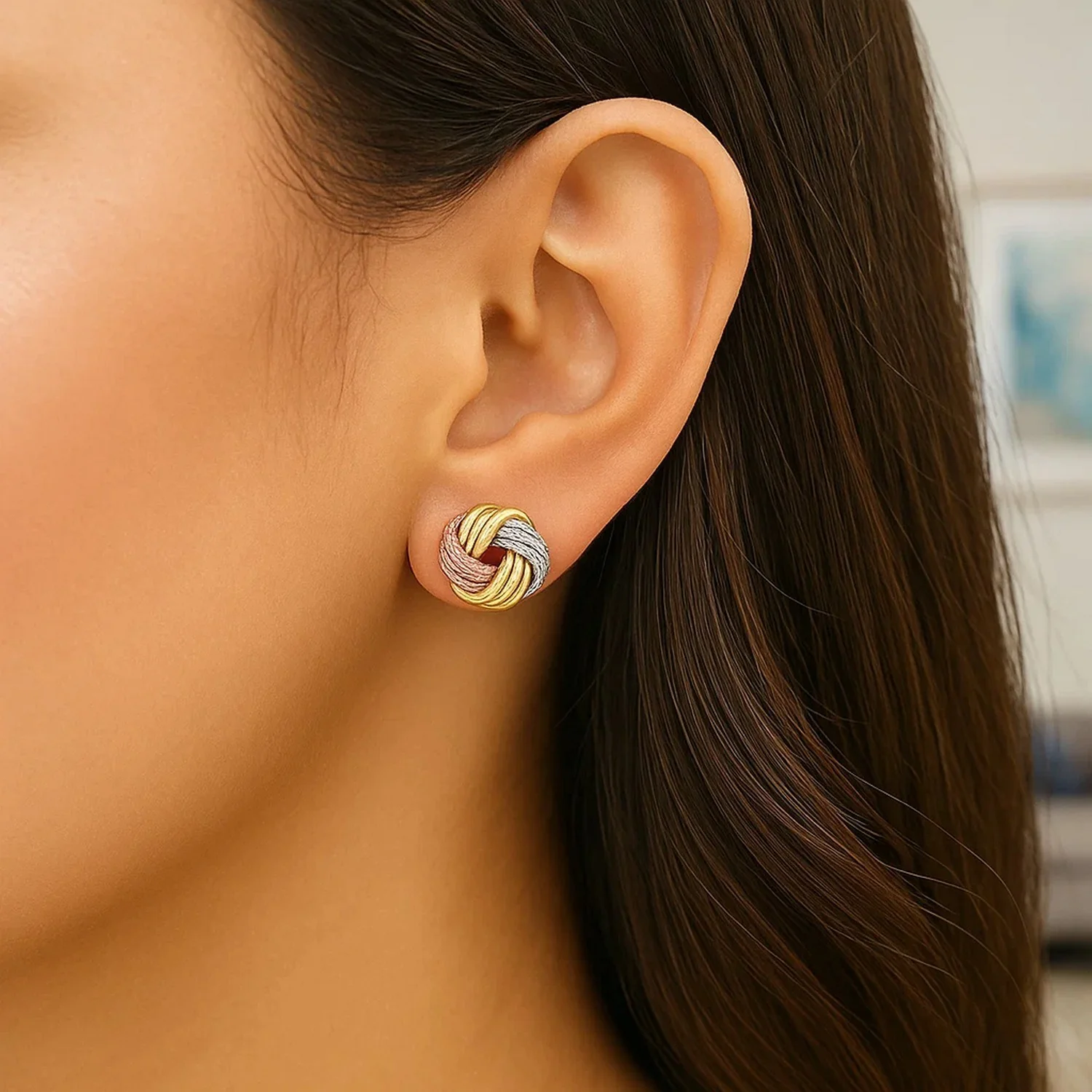 Love Knot Post Earrings in 14k Tri Color Gold - Image 4