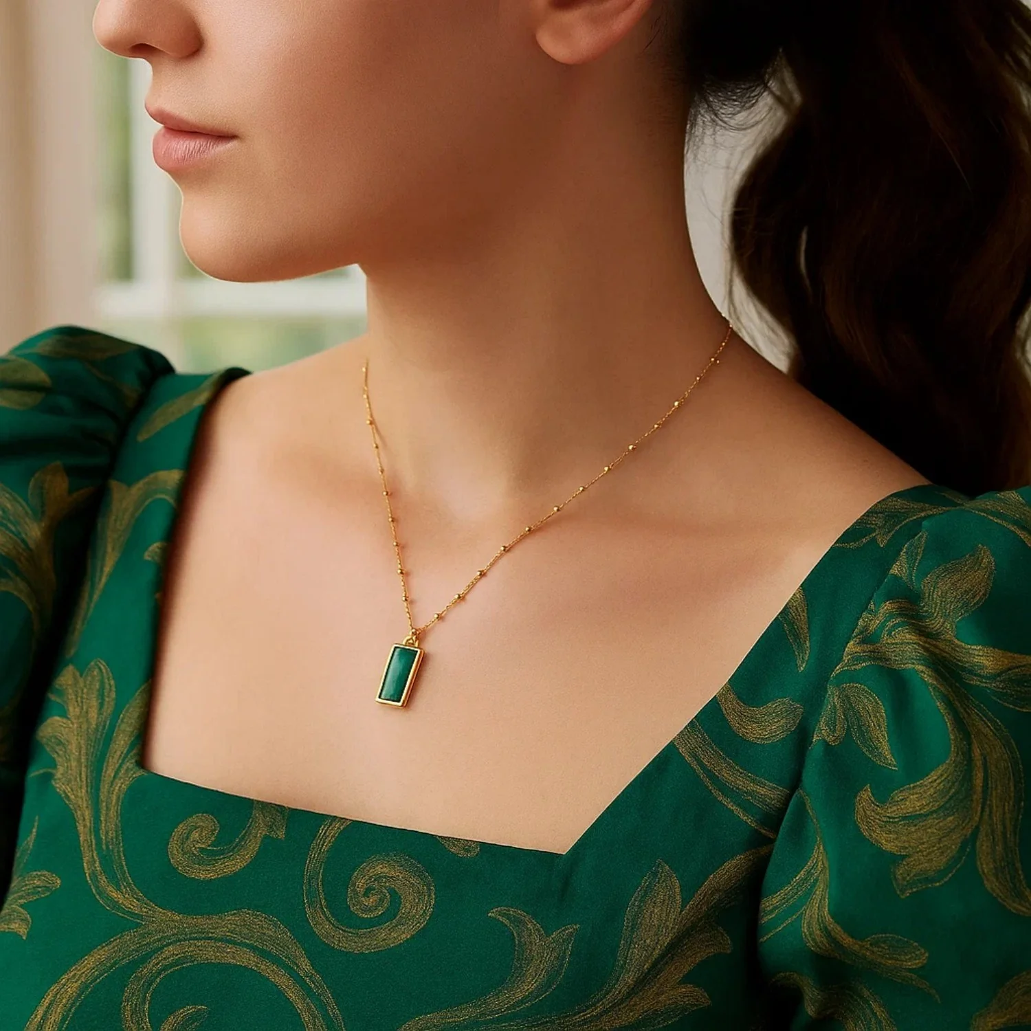 Malachite Geometric Rectangle Necklace in 14K Yellow Gold - Image 5