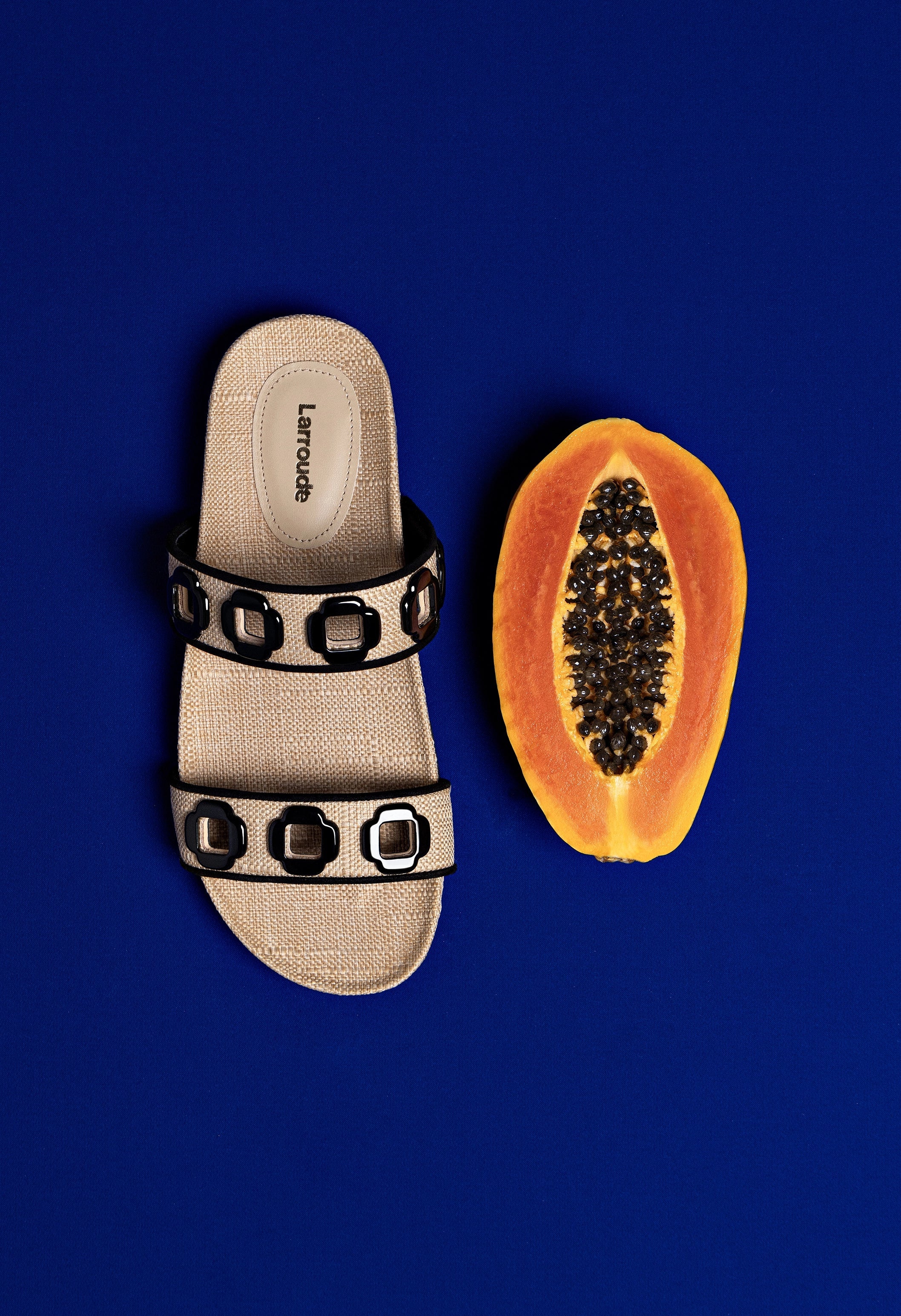 Larroude Milan Slide In Beige Raffia with Black Trim - Image 6