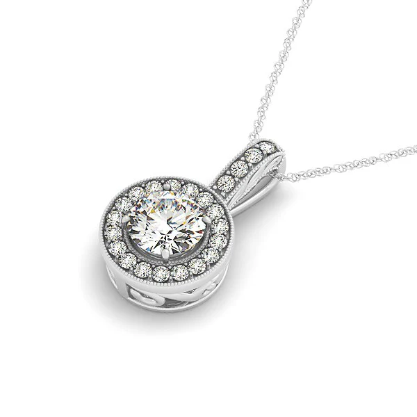 Milgrain Edge Diamond Halo Pendant in 14k White Gold (5/8 cttw) - Image 2