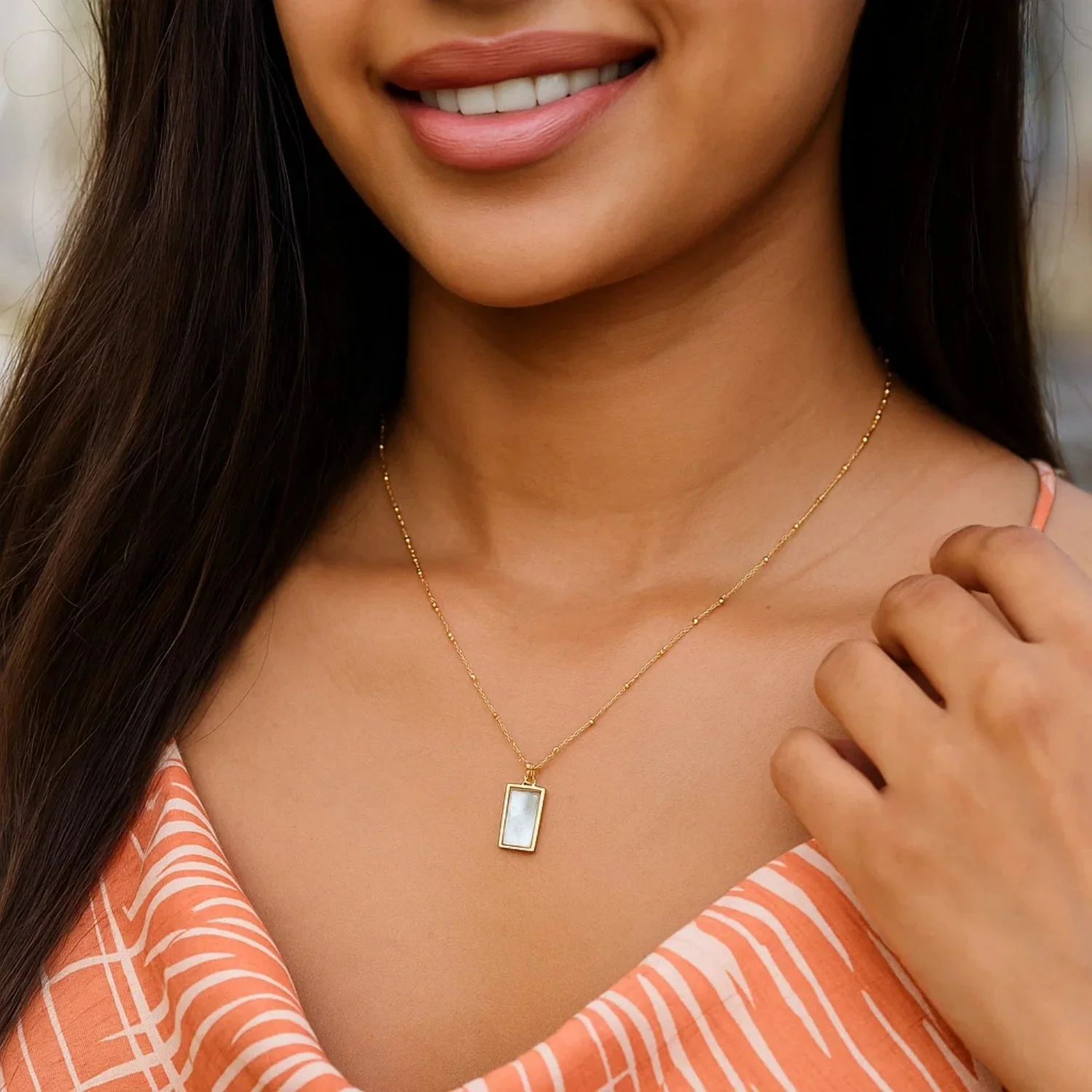 MOP Geometric Gem Rectangle Necklace in 14K Yellow Gold - Image 6