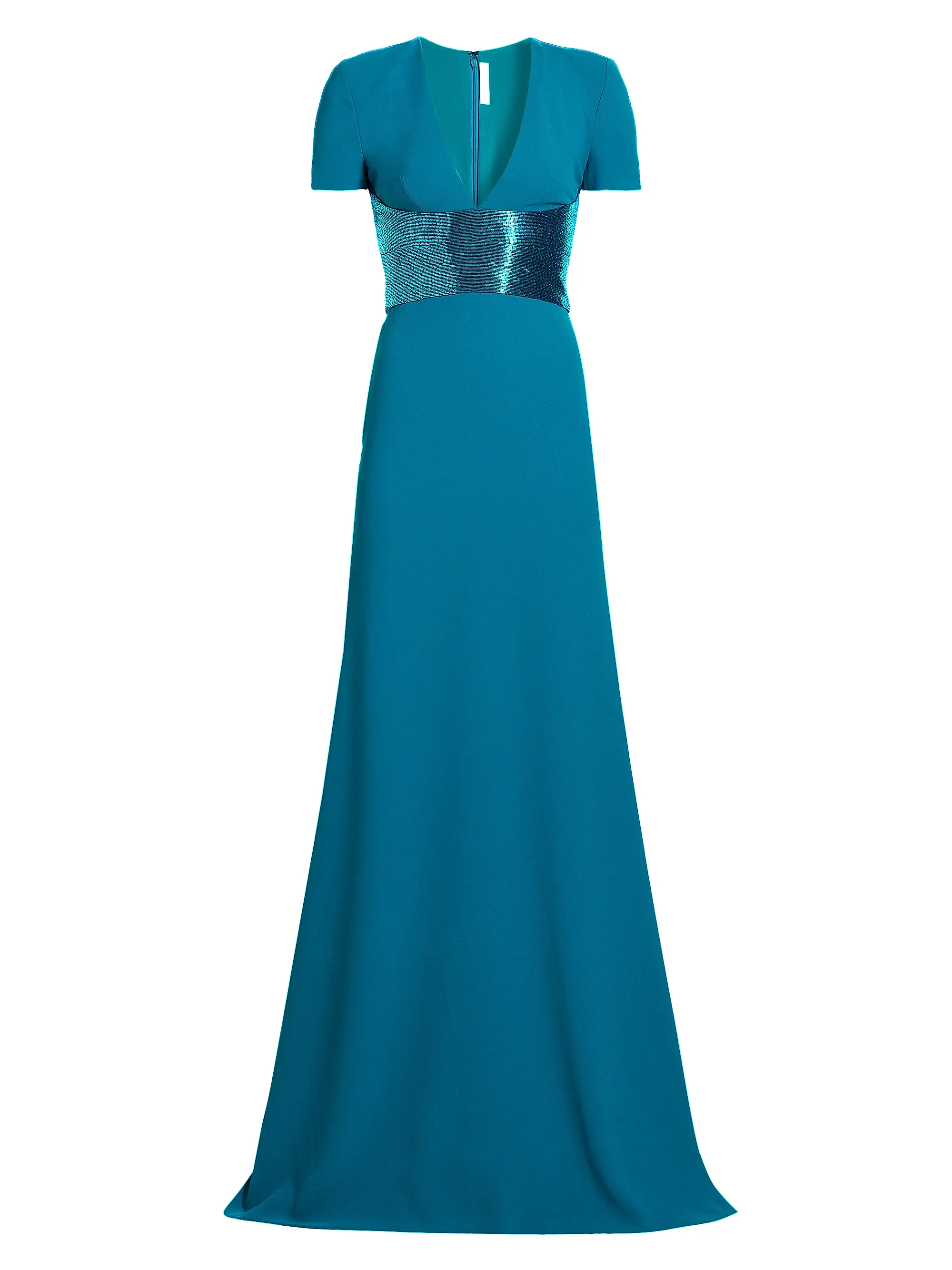 Naeem Khan Sequined-Waist Short Sleeve Gown – Teal