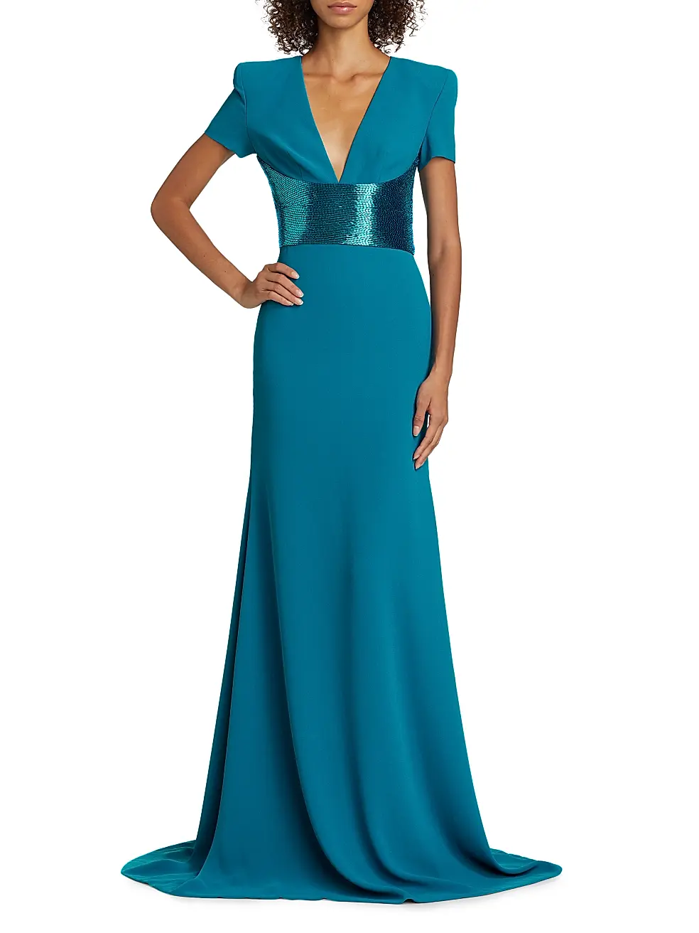Naeem Khan Sequined-Waist Short Sleeve Gown – Teal - Image 2