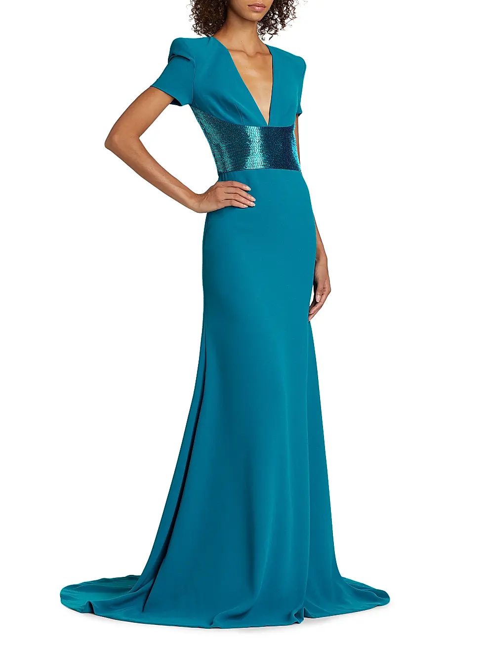 Naeem Khan Sequined-Waist Short Sleeve Gown – Teal - Image 3