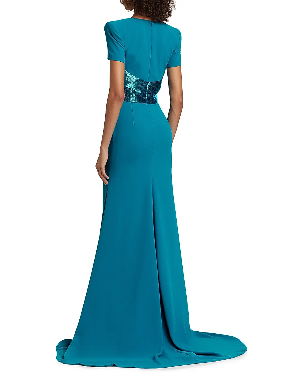 Naeem Khan Sequined-Waist Short Sleeve Gown – Teal - Image 4