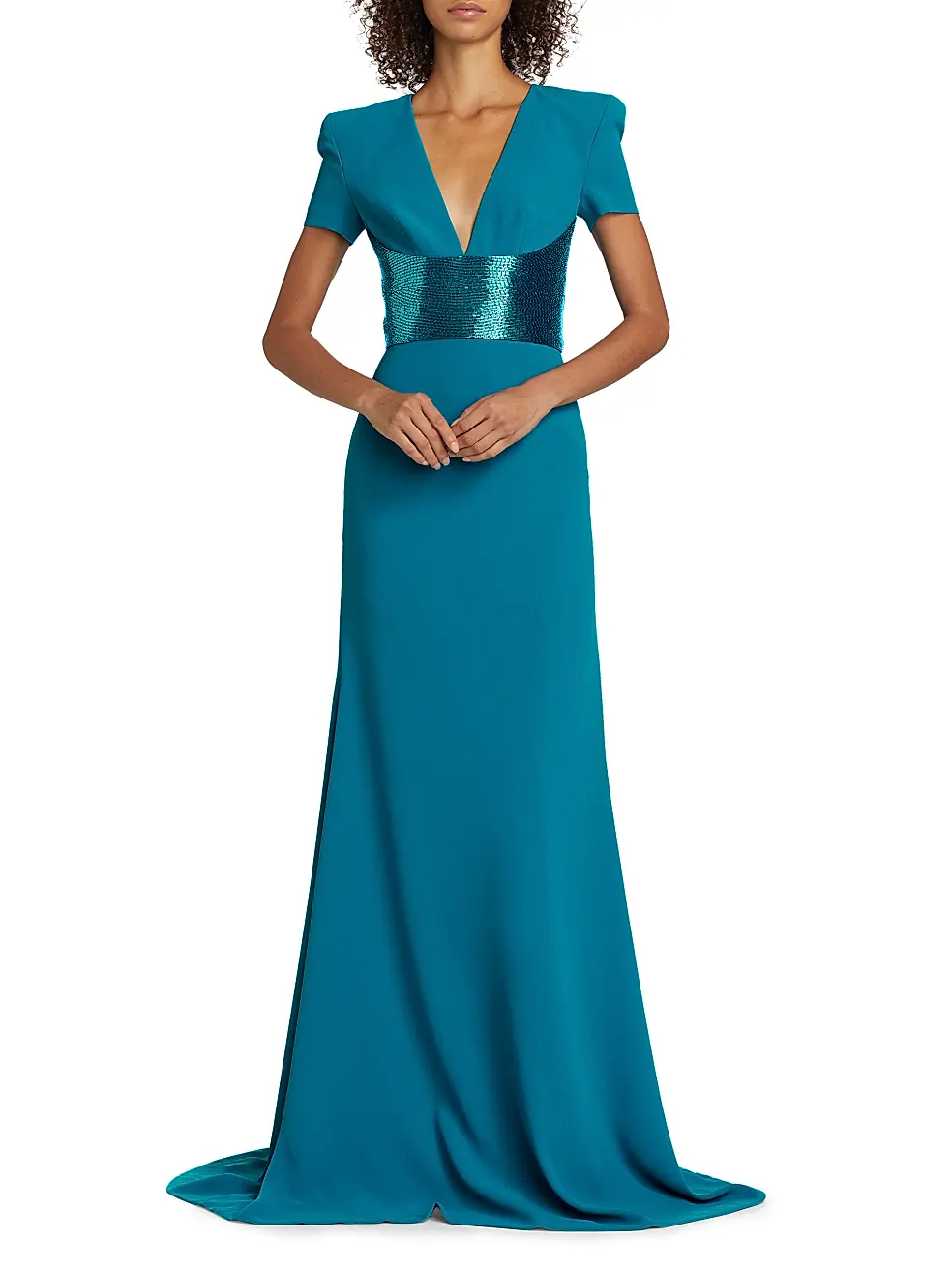 Naeem Khan Sequined-Waist Short Sleeve Gown – Teal - Image 7