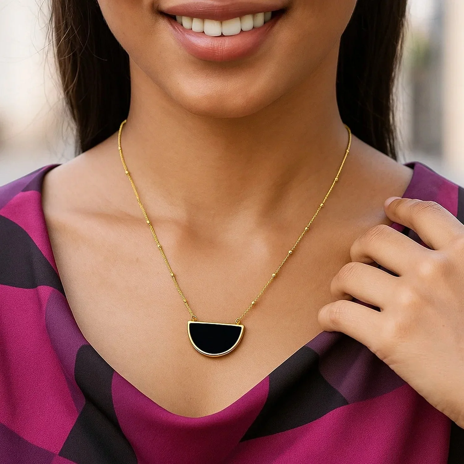 Onyx Geometric Half Moon Necklace in 14K Yellow Gold - Image 21