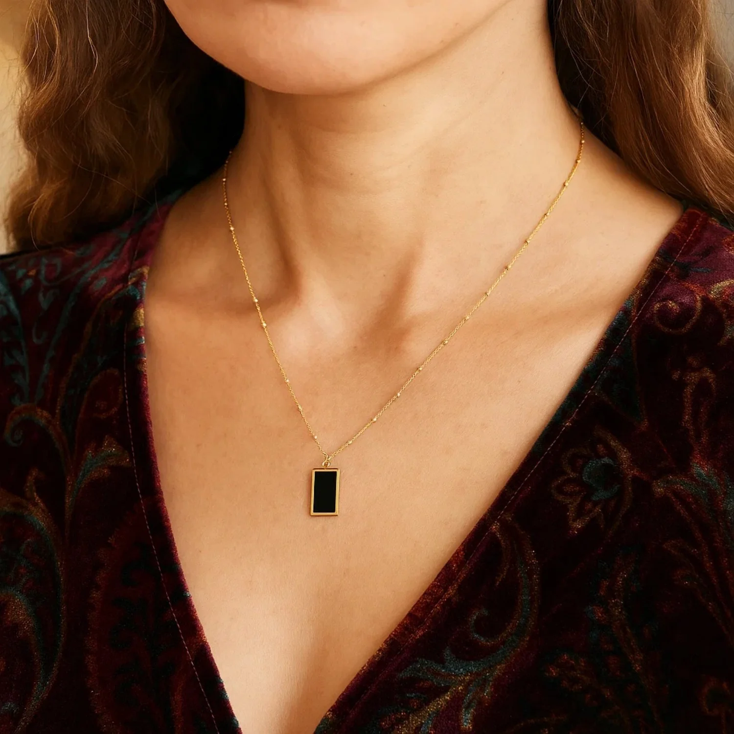 Onyx Geometric Rectangle Necklace in 14K Yellow Gold - Image 24