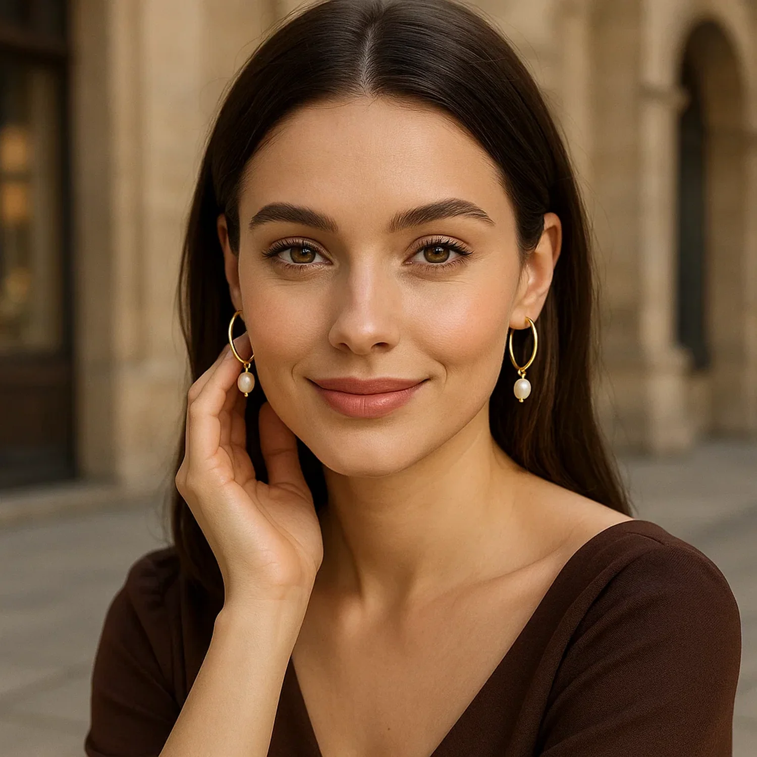 Pearl Drop Oval Earrings in 14K Yellow Gold - Image 4