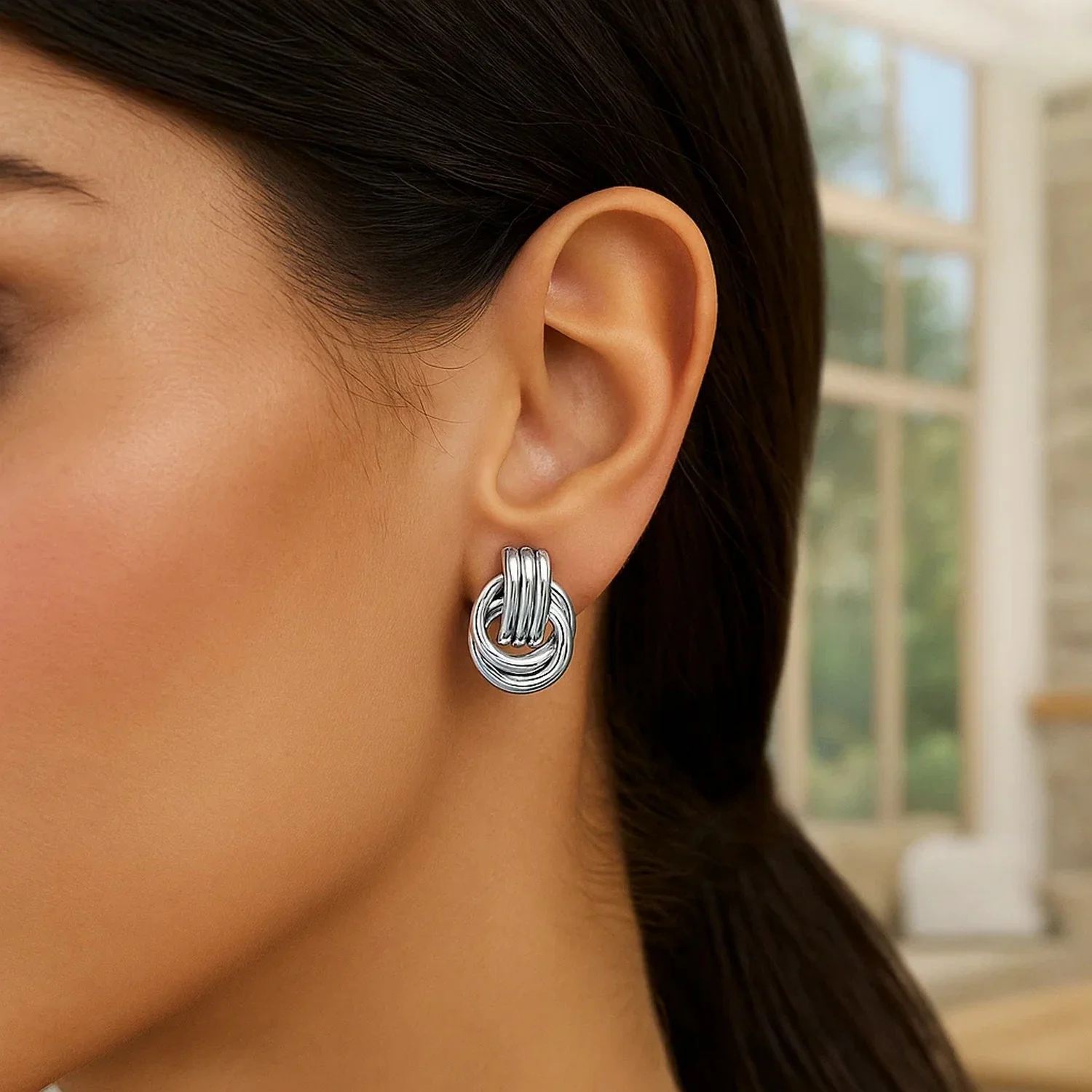 Polished Love Knot Earrings with Interlocking Rings (15mm) - Image 2