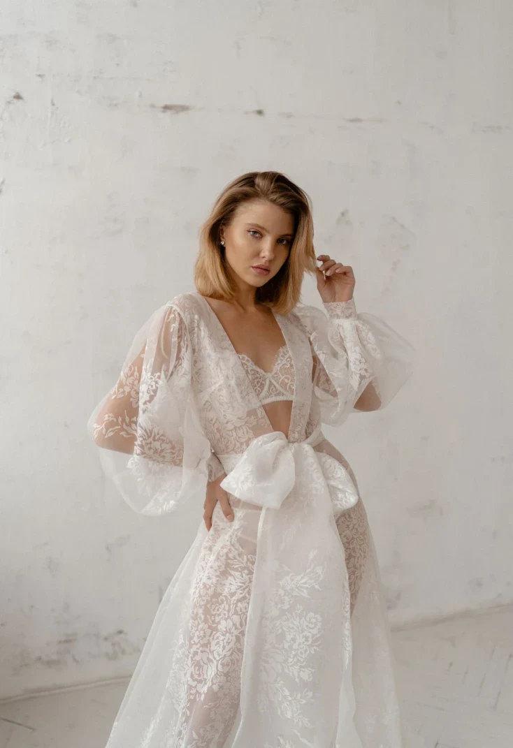 Pollardi Lace Organza Bridal Robe with Ruffle Hem - Image 3
