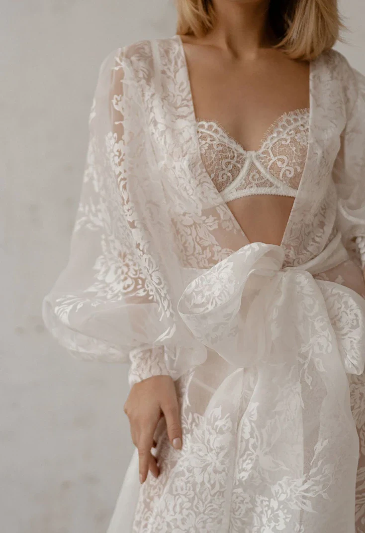 Pollardi Lace Organza Bridal Robe with Ruffle Hem - Image 4