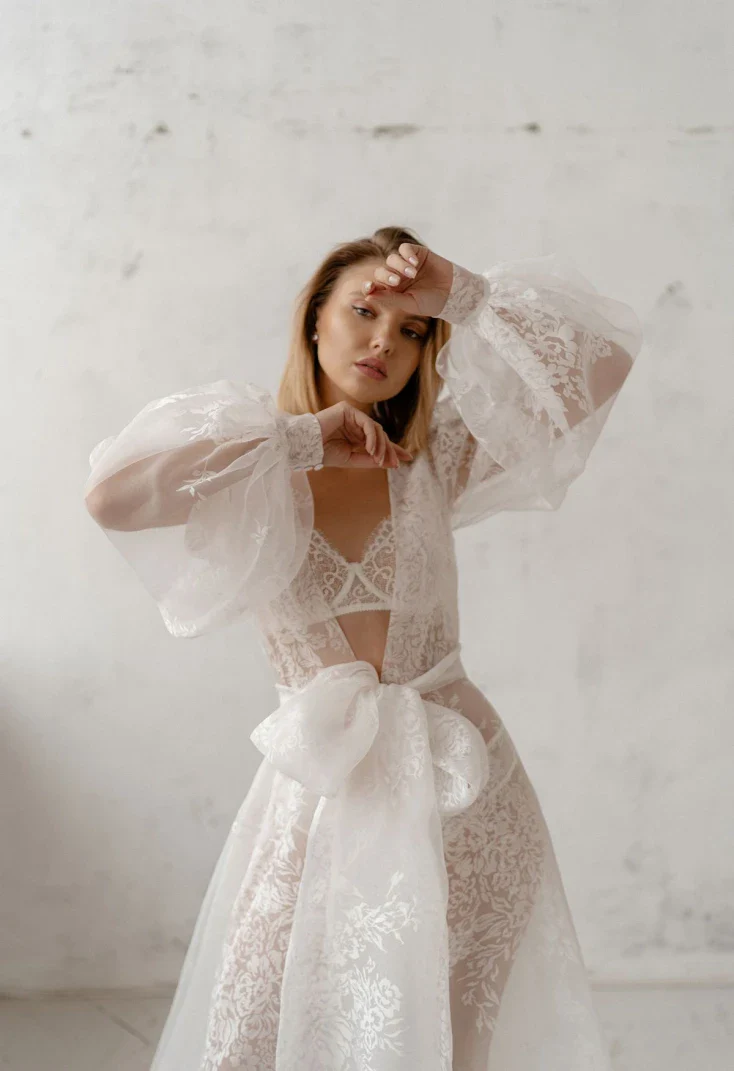 Pollardi Lace Organza Bridal Robe with Ruffle Hem - Image 6