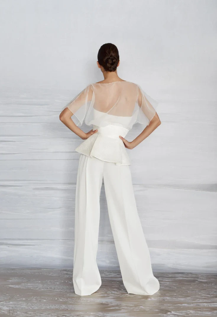Gem Organza Peplum Bridal Pantsuit with Corset Top - Image 2