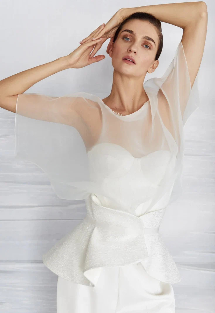 Gem Organza Peplum Bridal Pantsuit with Corset Top - Image 3