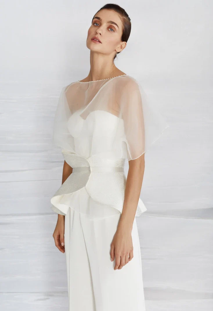 Gem Organza Peplum Bridal Pantsuit with Corset Top - Image 4