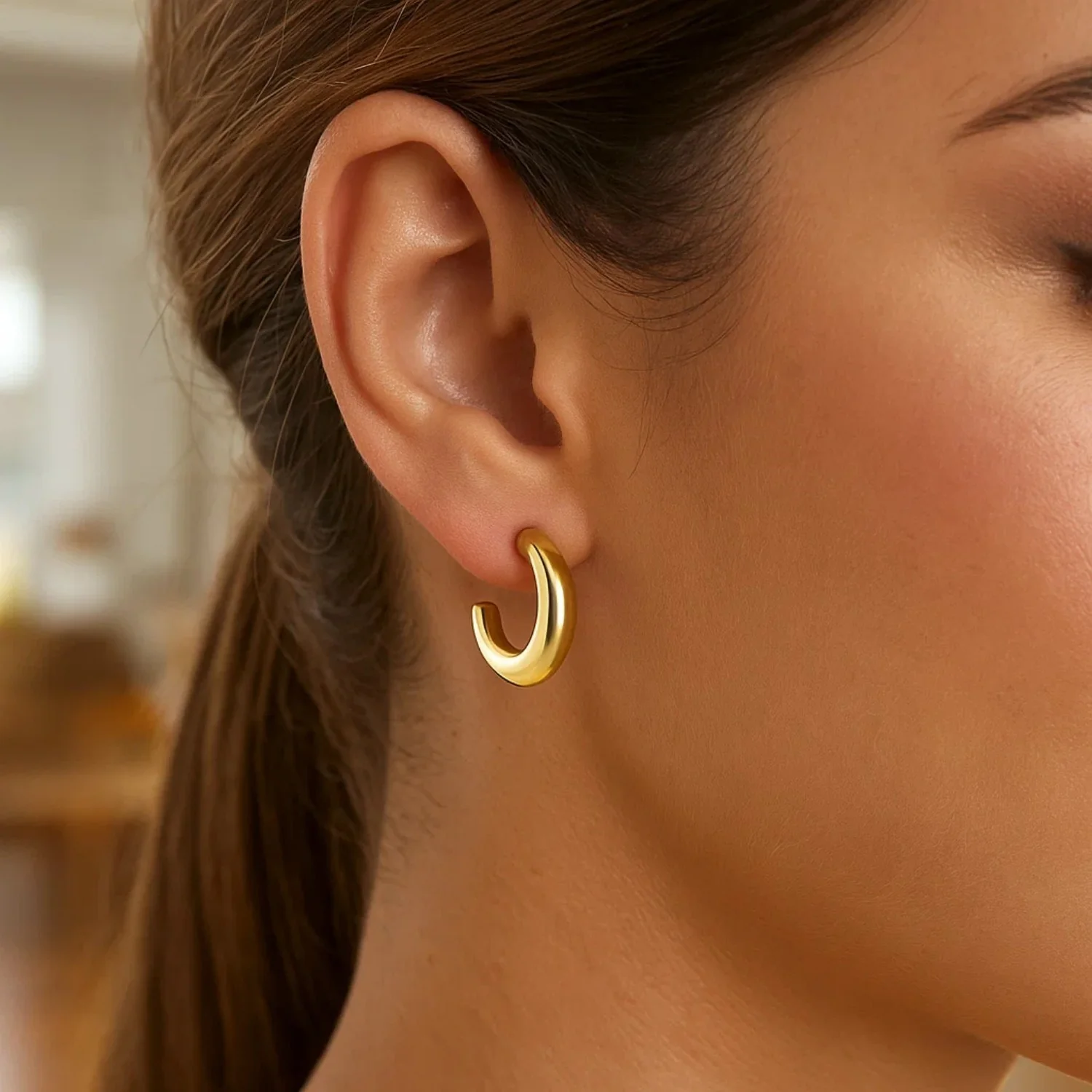 Puffy C Shaped Hoop Earrings in 14K Yellow Gold - Image 2