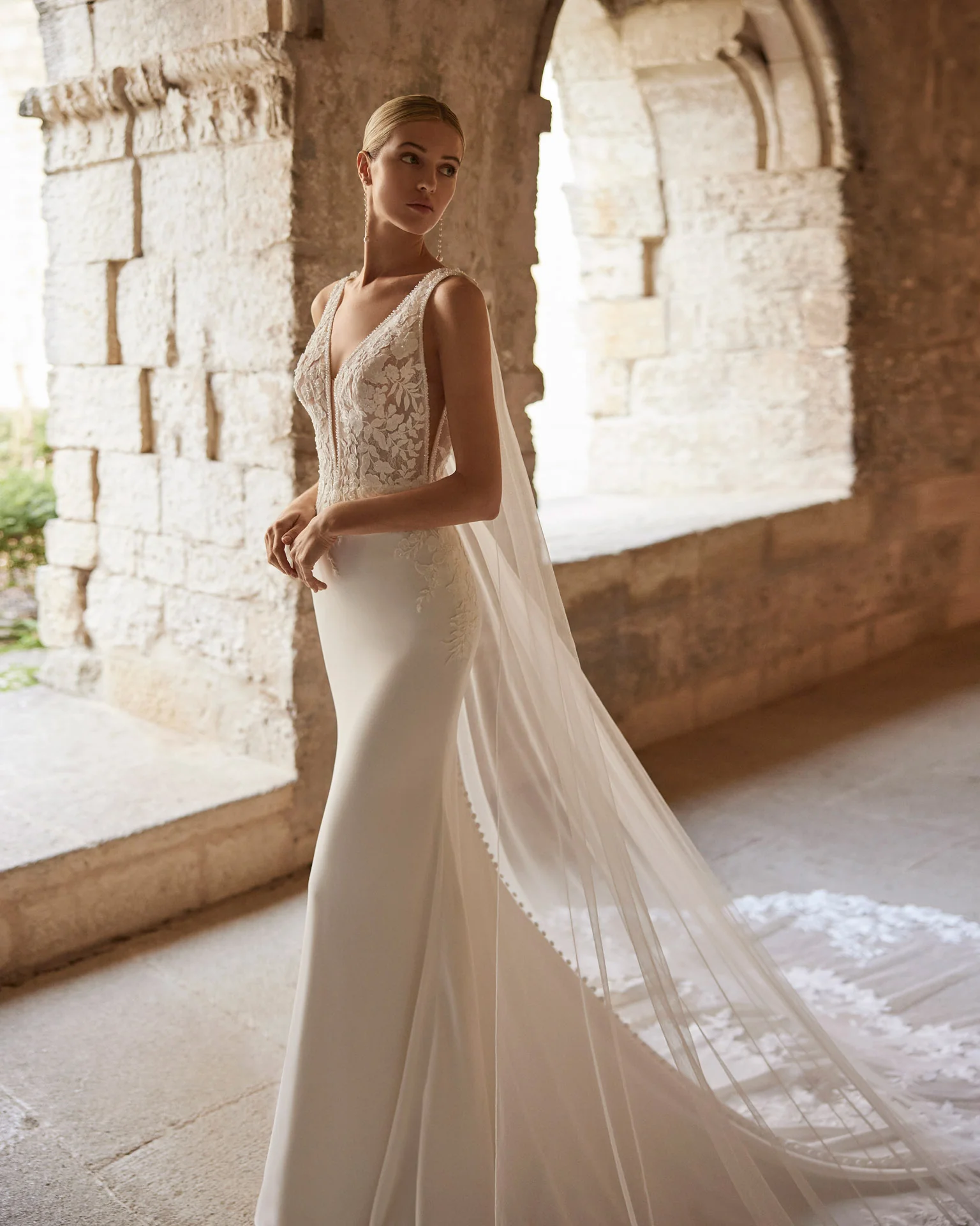 Rosa Clará Lior Crepe Wedding Gown with Lace Cape Train