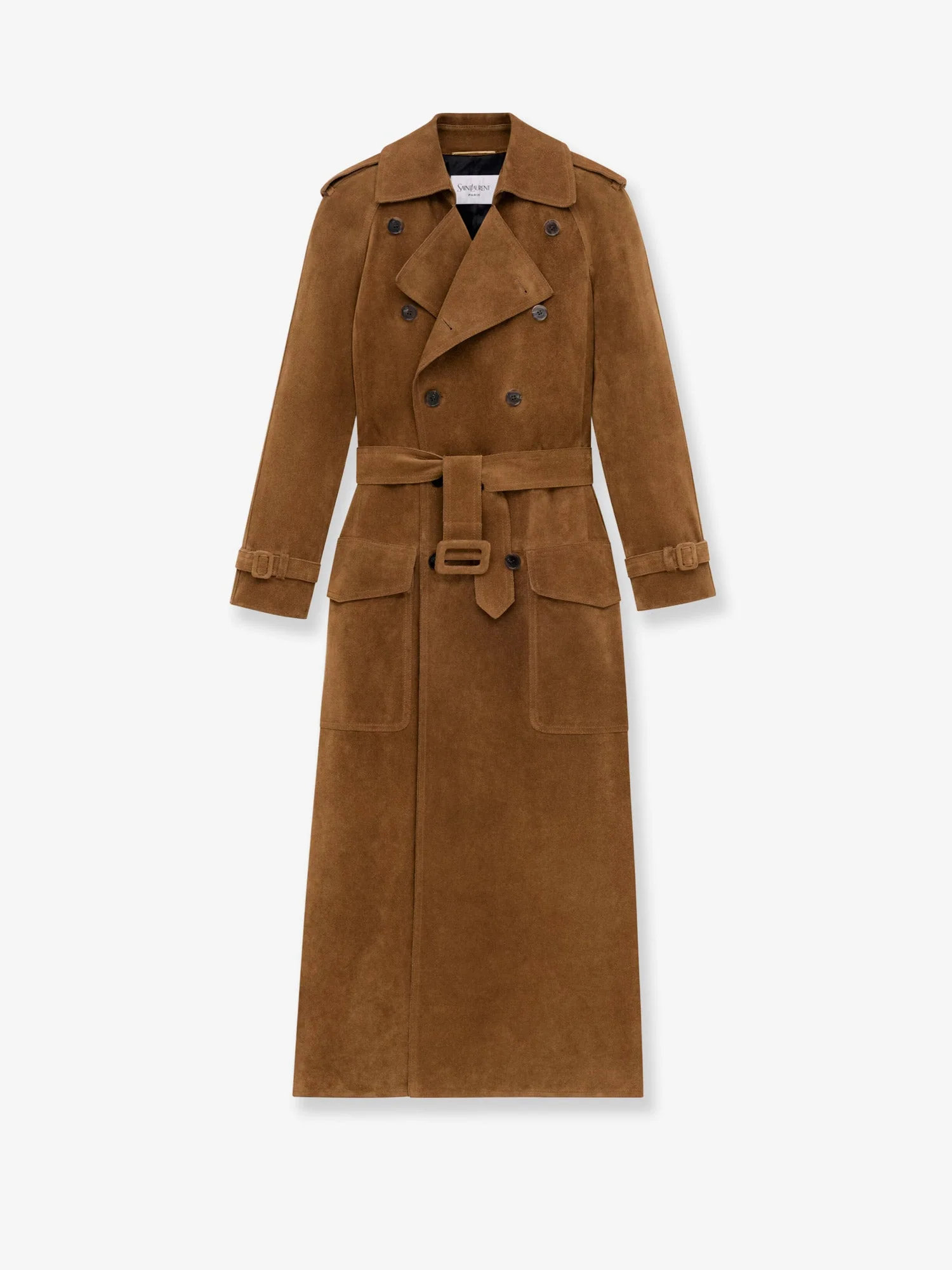 Saint Laurent Long Double-Breasted Suede Trench Coat