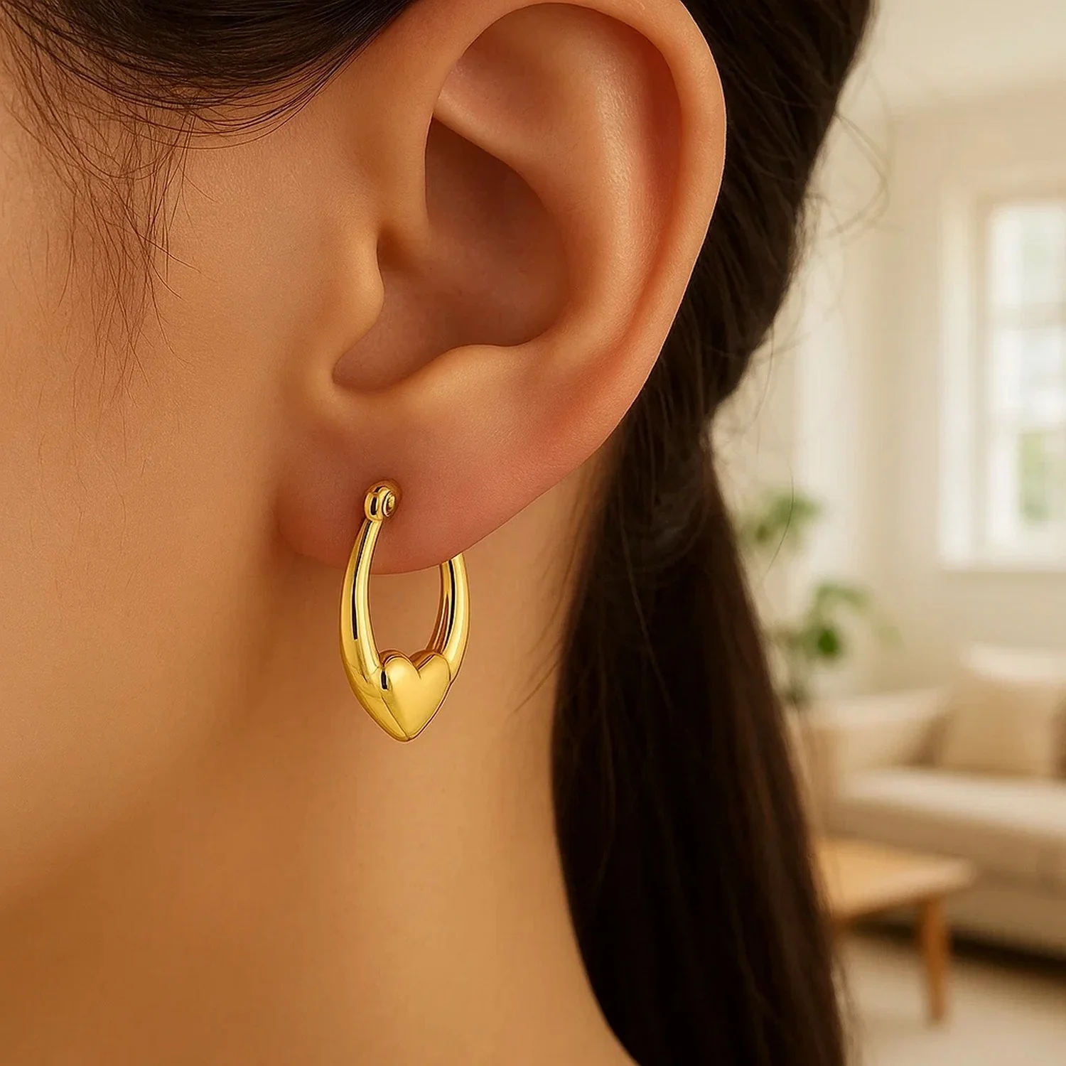 Small Heart Hoop Earrings in 14K Yellow Gold - Image 3