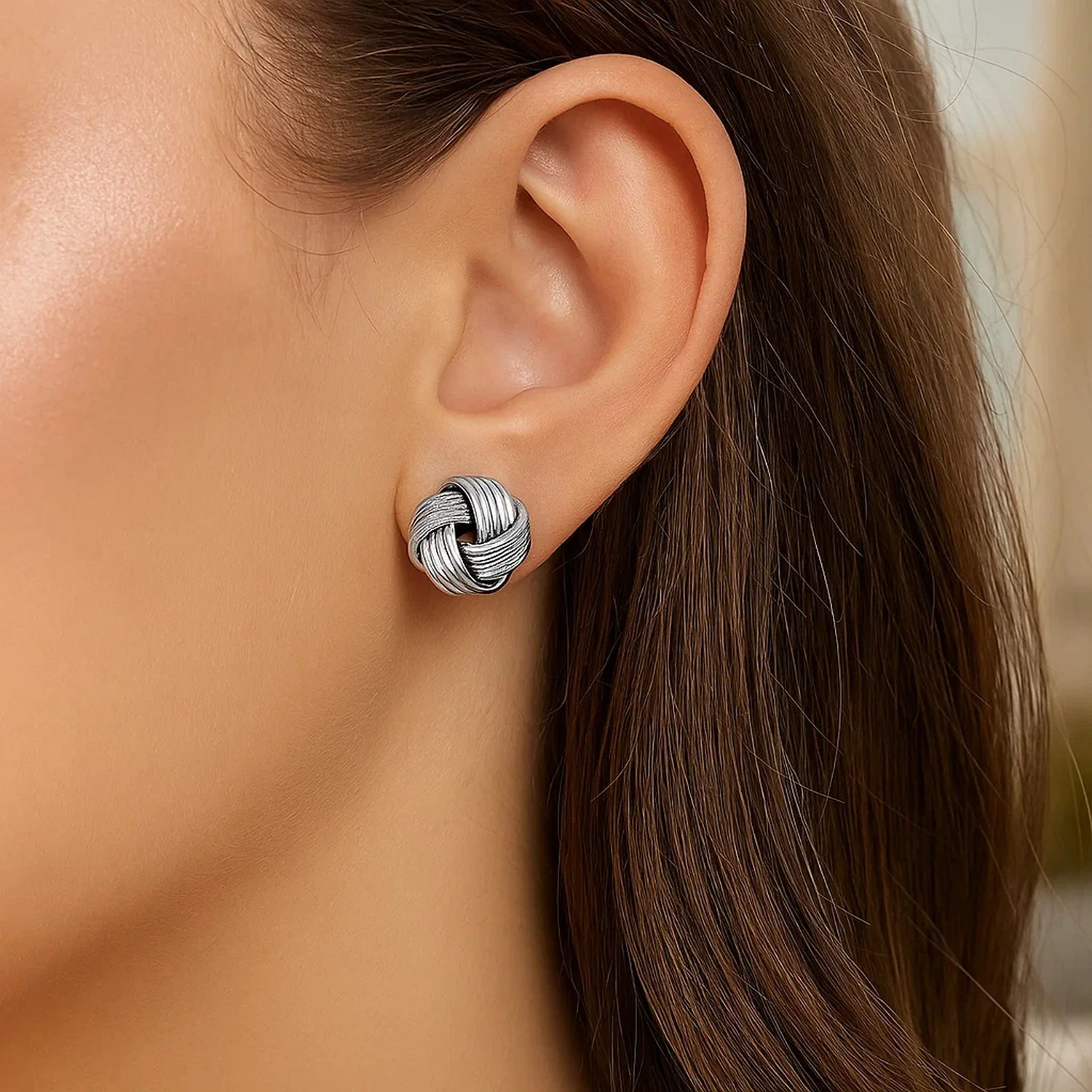 Sterling Silver Groove Textured Love Knot Earrings(14mm) - Image 2