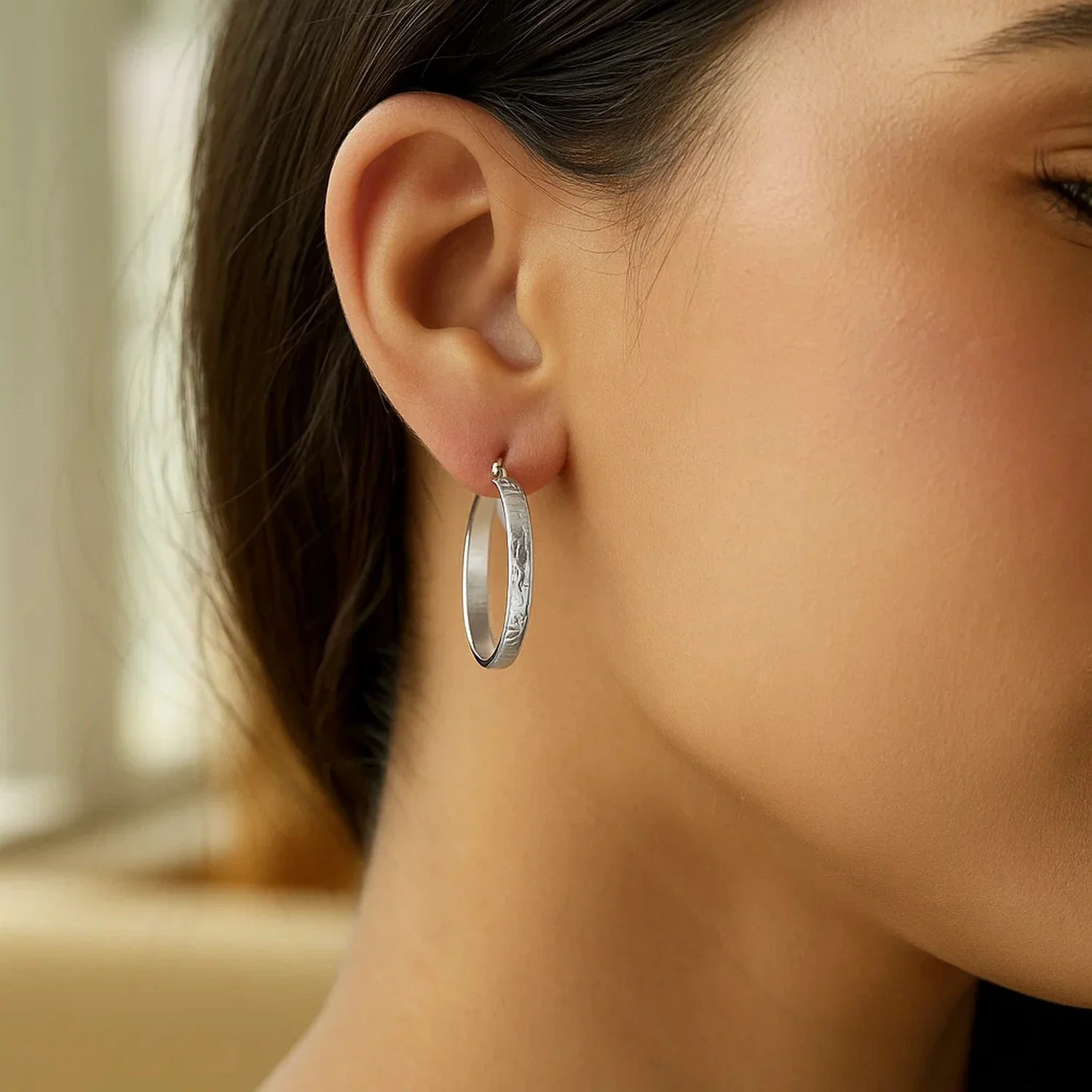 Sterling Silver Hammered Style Hoop Earrings (4x30mm) - Image 2