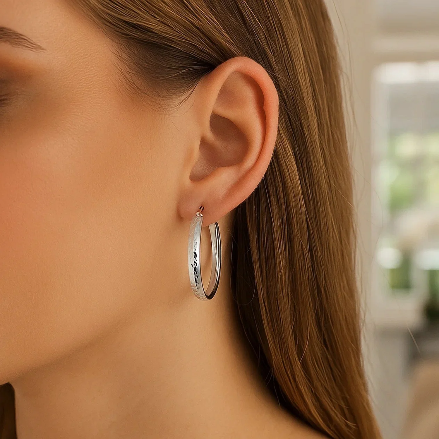 Sterling Silver Hammered Style Hoop Earrings (4x30mm) - Image 3
